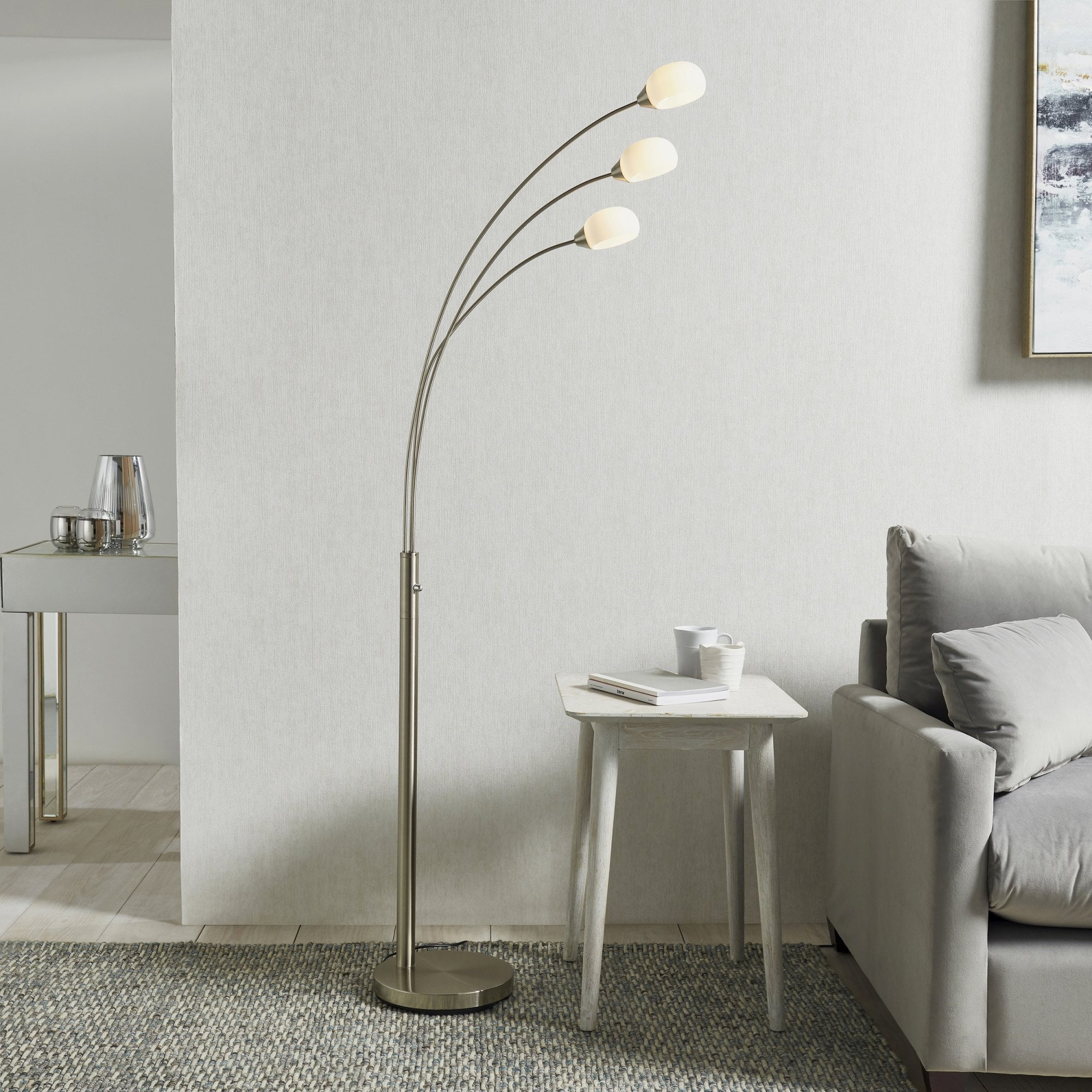 Endon Jaspa 3 Light Floor Lamp - Satin Nickel Plate & White Glass