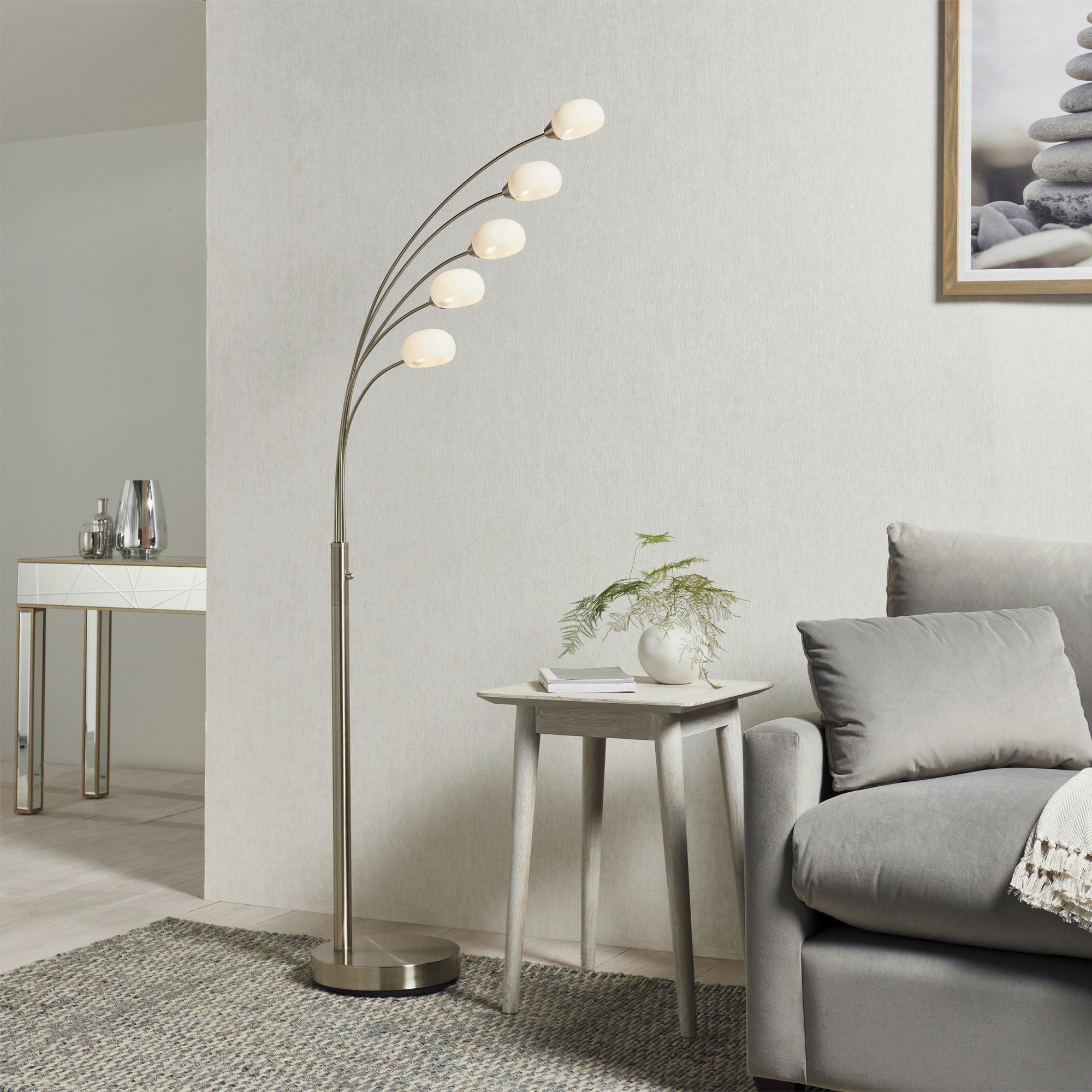 Endon Jaspa 5 Light Floor Lamp - Satin Nickel Plate & White Glass