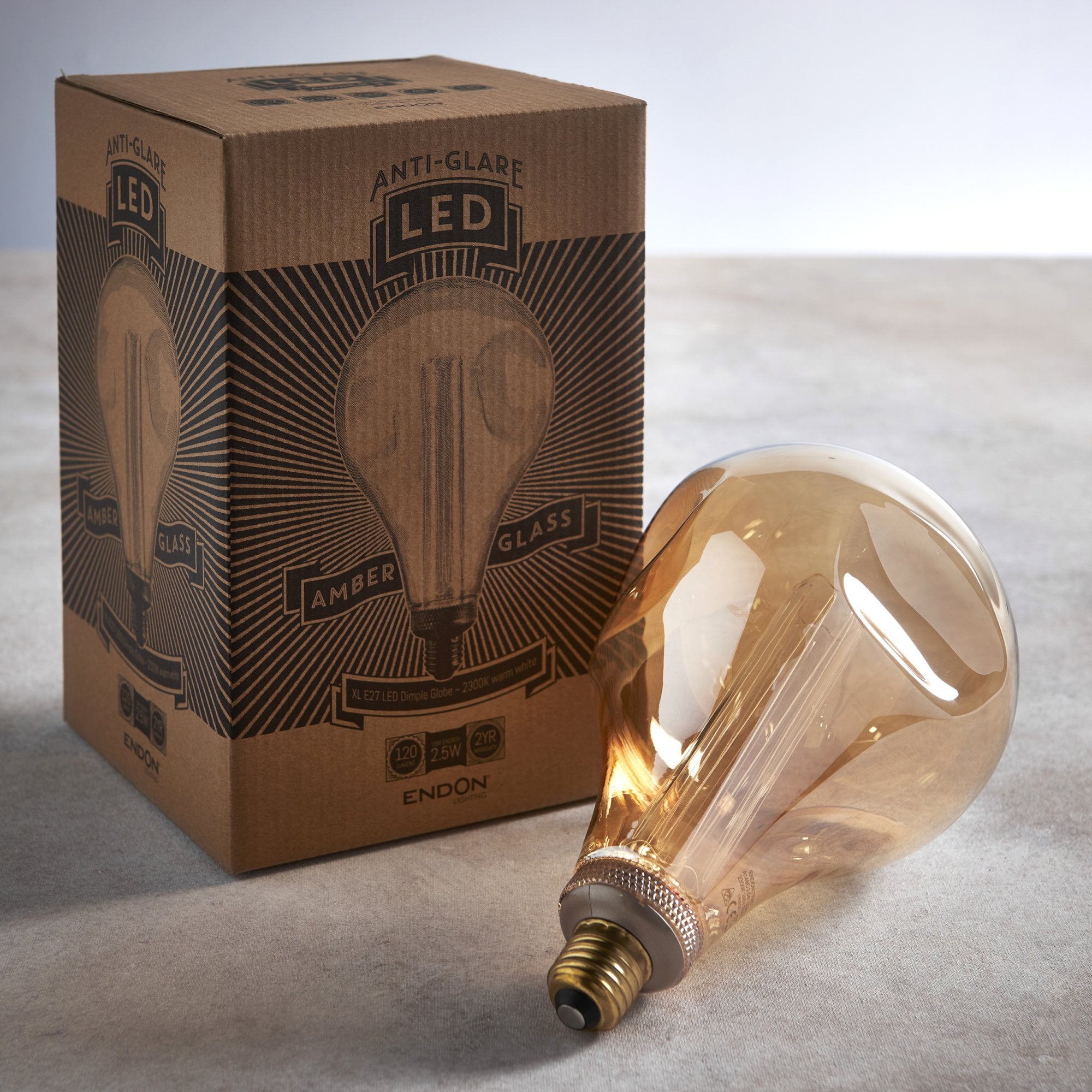 Endon XL E27 LED 2.5W Dimple Globe Bulb - 2300K - Non-Dimmable - Amber Glass