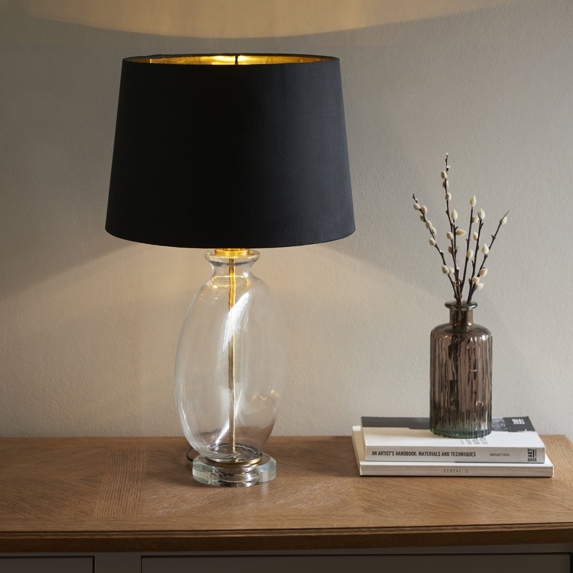 Endon Gideon Single Light Table Lamp - Clear Glass & Antique Brass Plate