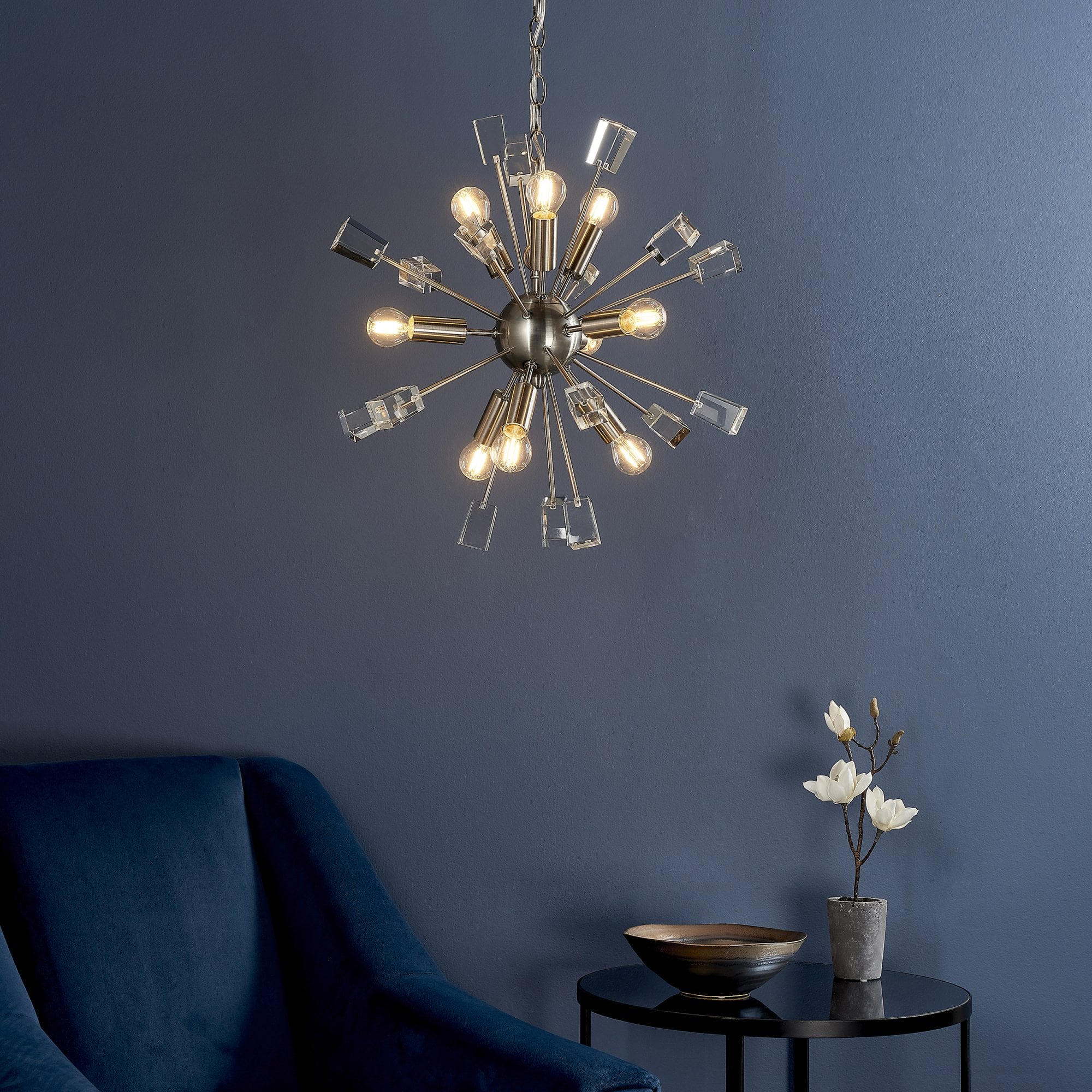 Endon Miro 9 Light Pendant - Satin Nickel Plate & Clear Crystal