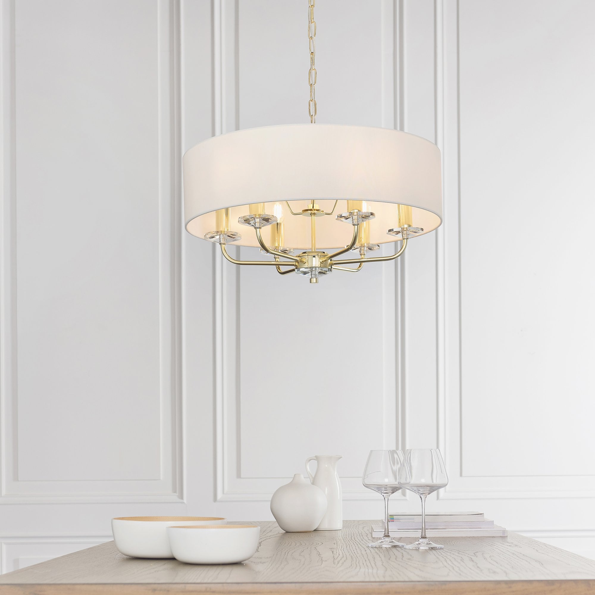 Endon Nixon 6 Light Pendant - Brass Plate & Vintage White Fabric
