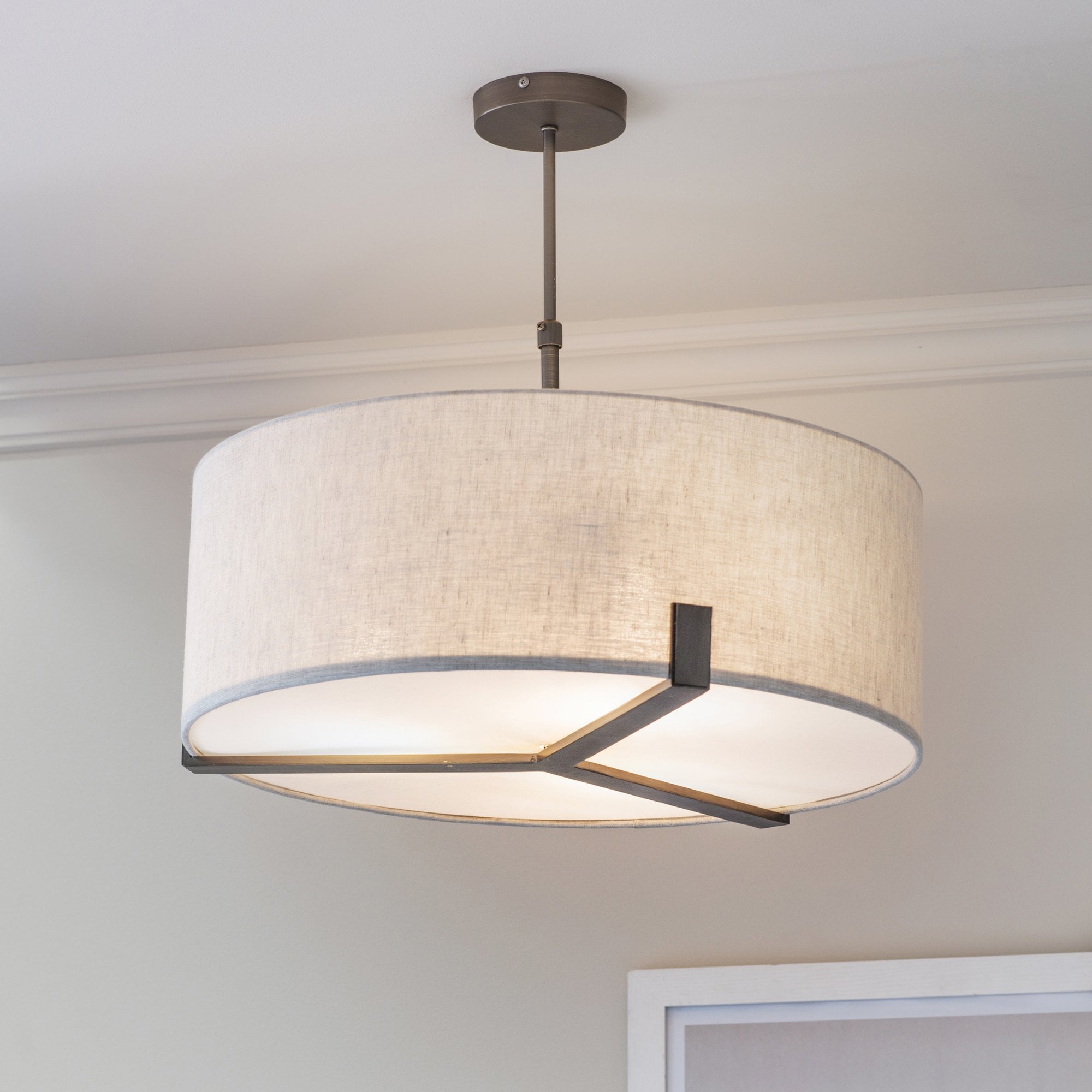 Endon Hayfield 3 Light Pendant - Brushed Bronze Plate & Neutral Linen