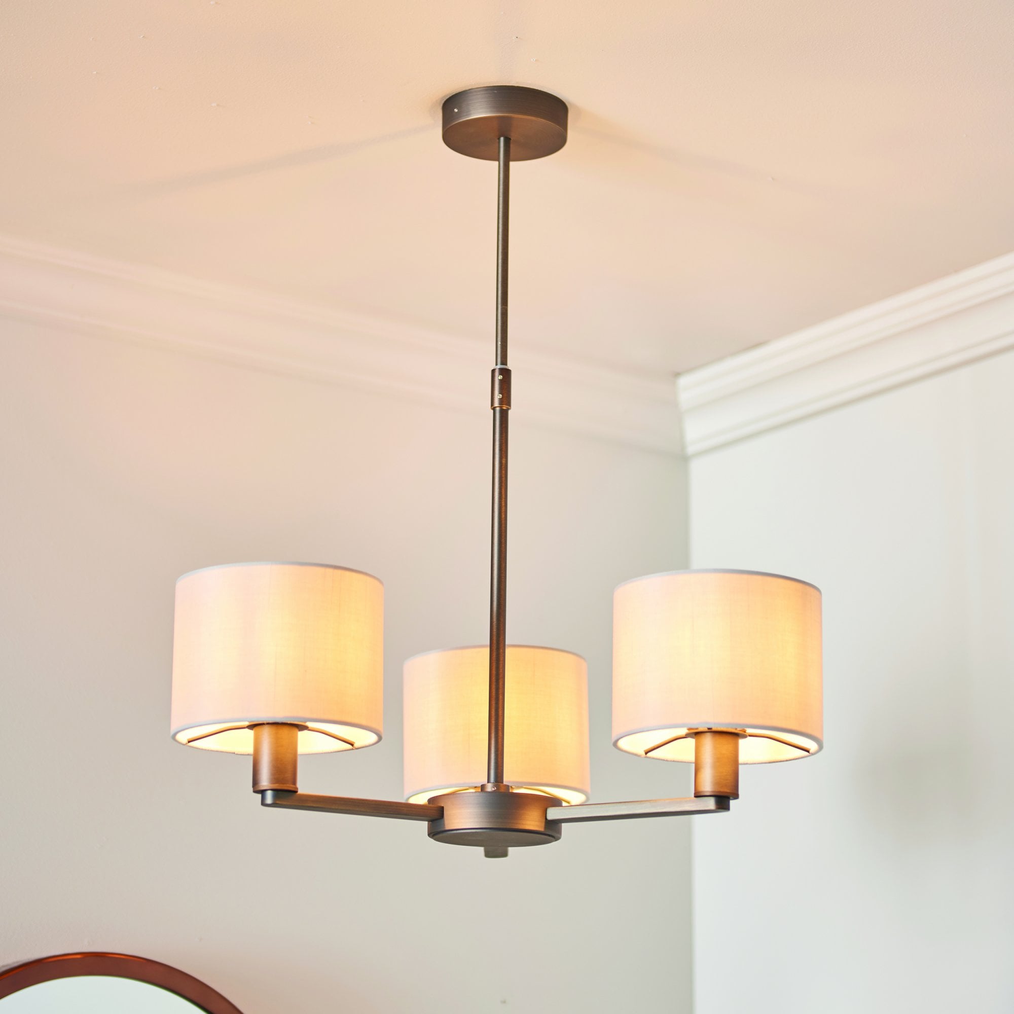 Endon Daley 3 Light Arm Pendant - Antique Bronze Plate & Marble Fabric