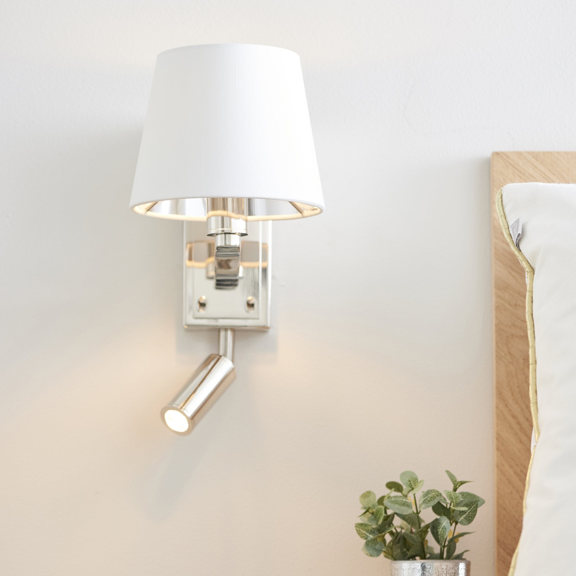 Endon Harvey Single Light Wall Light - Bright Nickel Plate & Vintage White Fabric & Reading Light