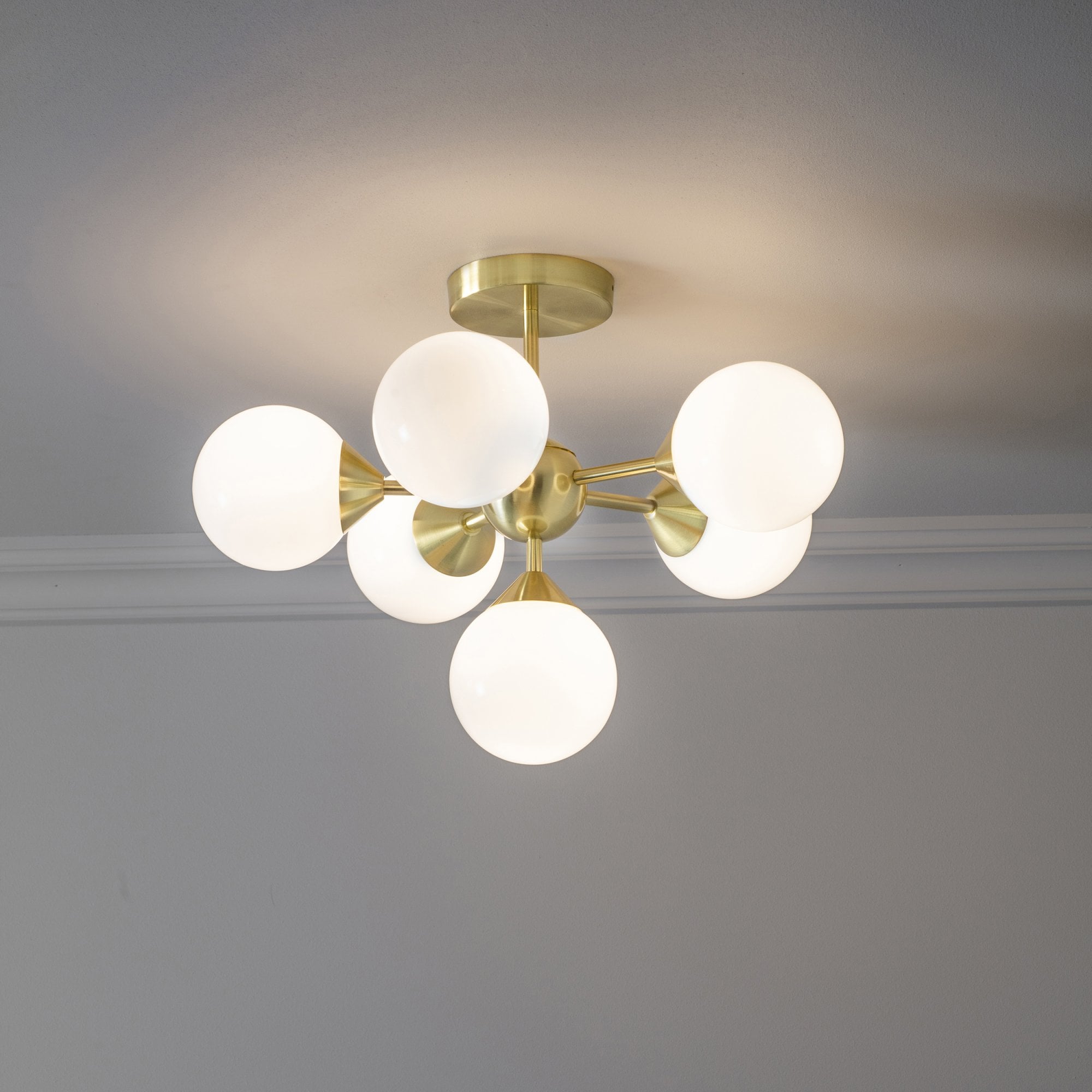 Endon Oscar 6 Light Semi Flush Fitting - Satin Brass Plate & Gloss White Glass