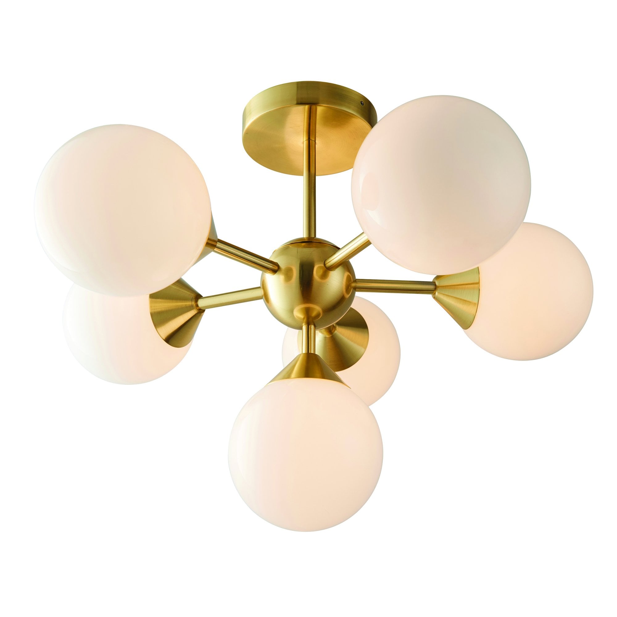 Endon Oscar 6 Light Semi Flush Fitting - Satin Brass Plate & Gloss White Glass