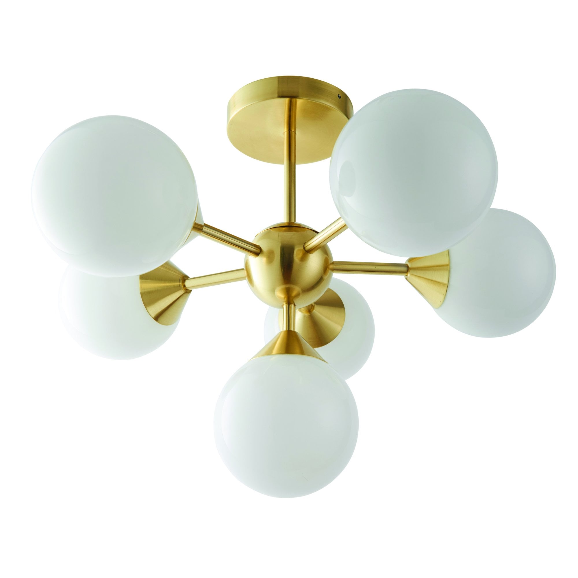 Endon Oscar 6 Light Semi Flush Fitting - Satin Brass Plate & Gloss White Glass