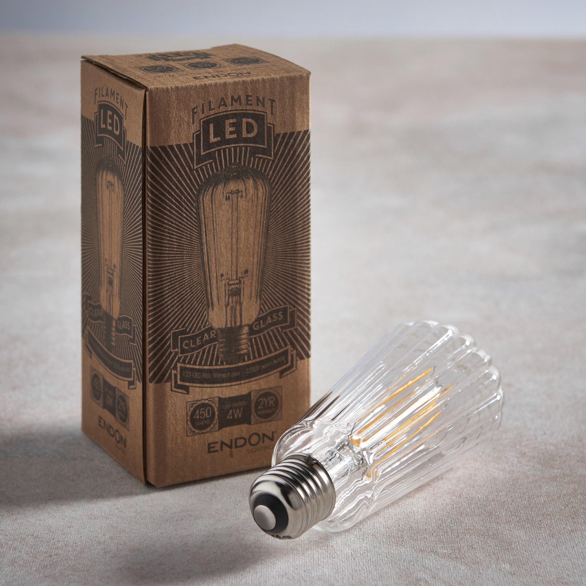 Endon Ribb Pear Single E27 LED 4W Bulb - 2200K - Non-Dimmable - Clear Glass