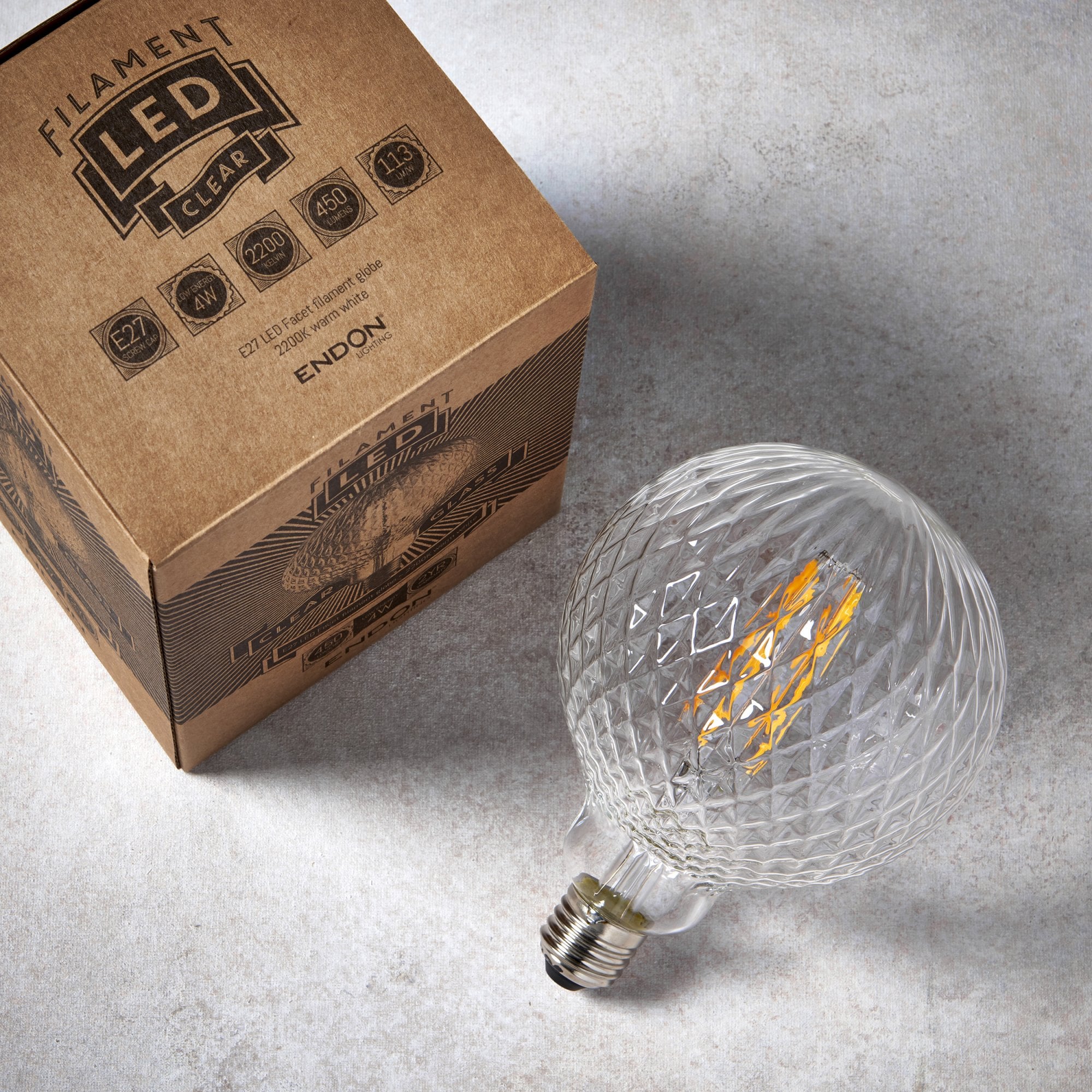 Endon Facet Single E27 LED 4W Bulb - 2200K - Non-Dimmable - Clear Glass