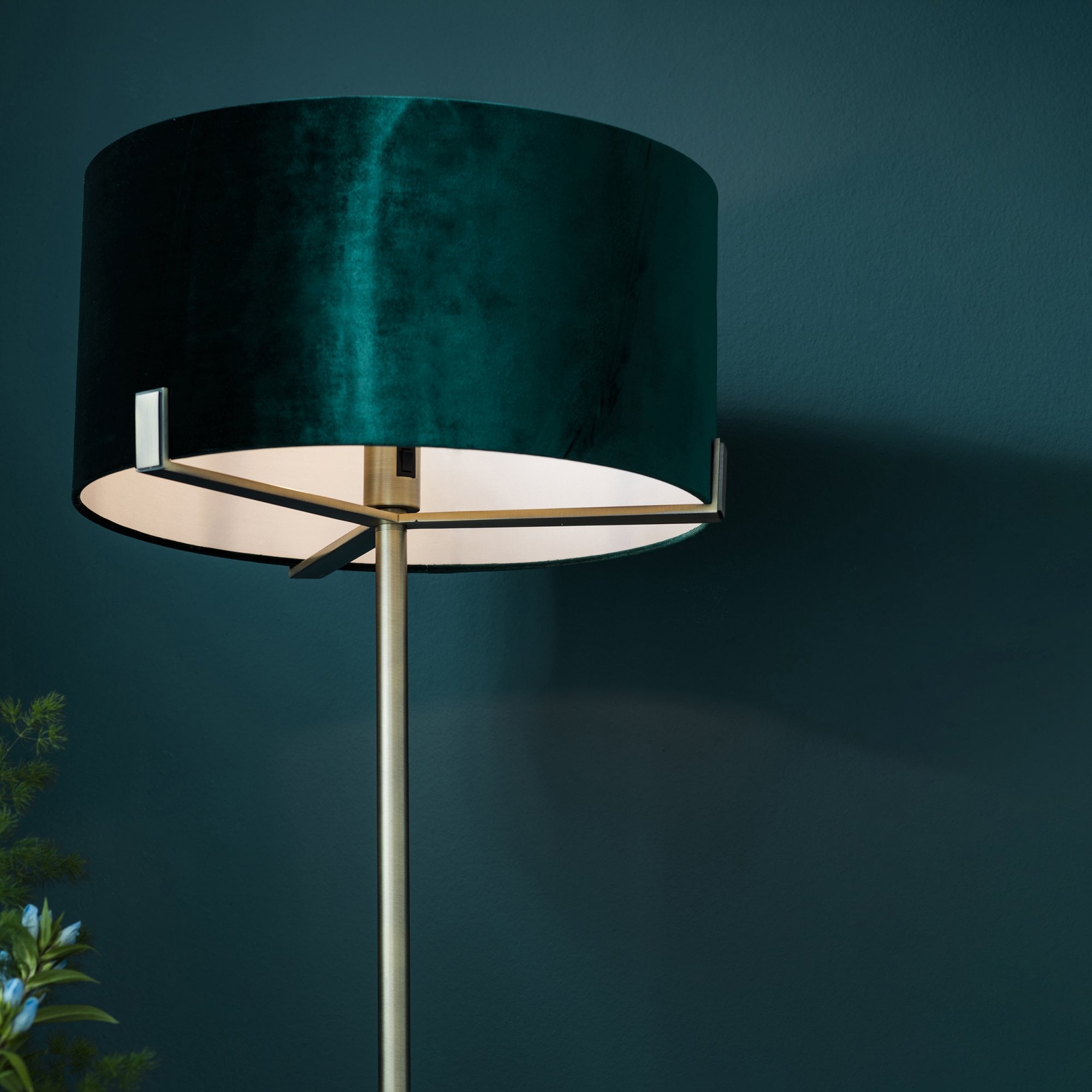 Endon Hayfield Single Light Floor Lamp - Matt Antique Brass Plate & Green Velvet