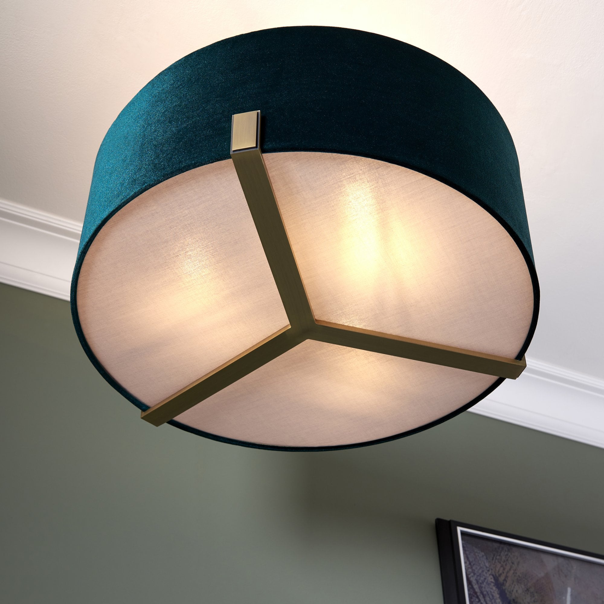 Endon Hayfield 3 Light Pendant - Matt Antique Brass Plate & Green Velvet