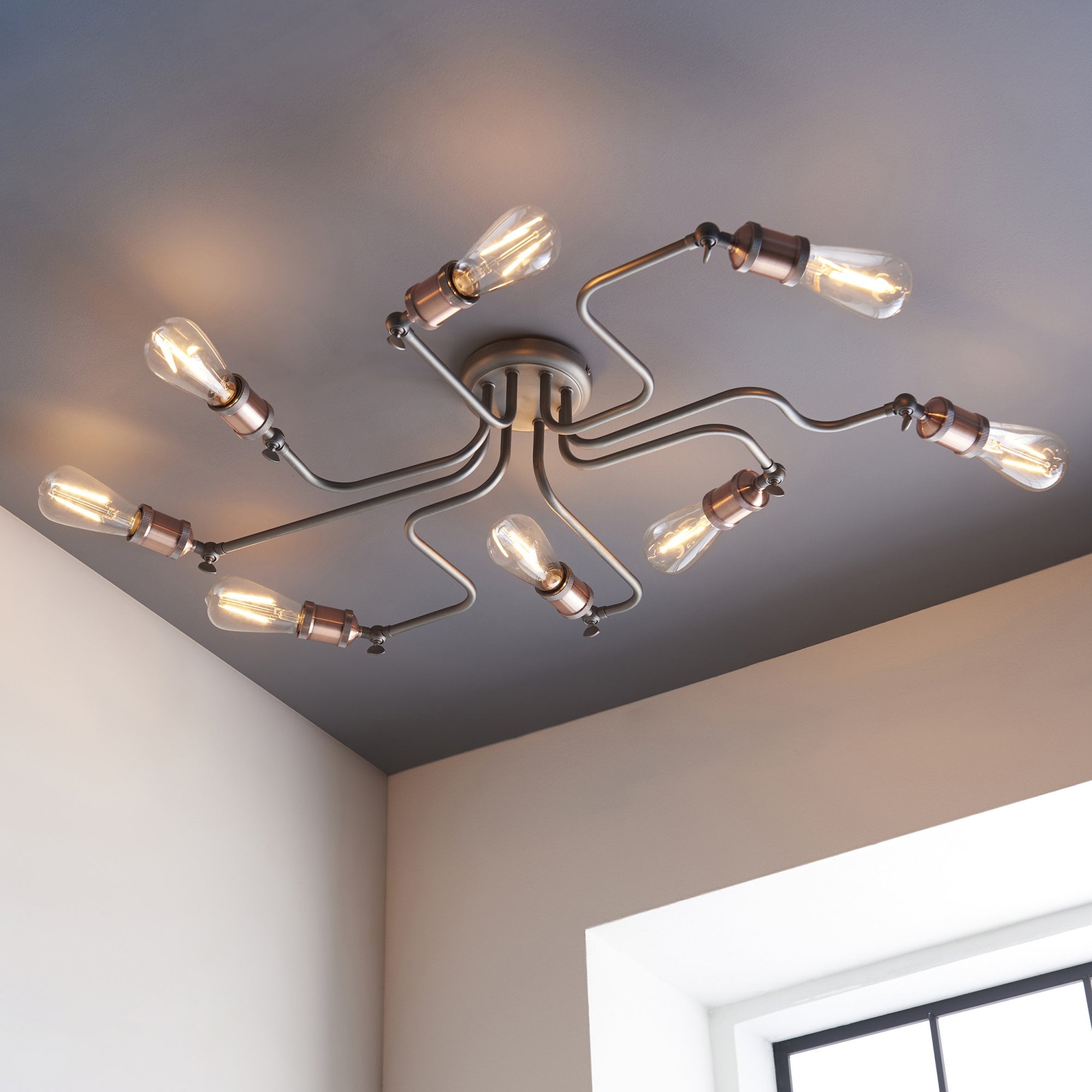 Endon Hal 8 Light Semi Flush Fitting - Aged Copper & Aged Pewter Plate