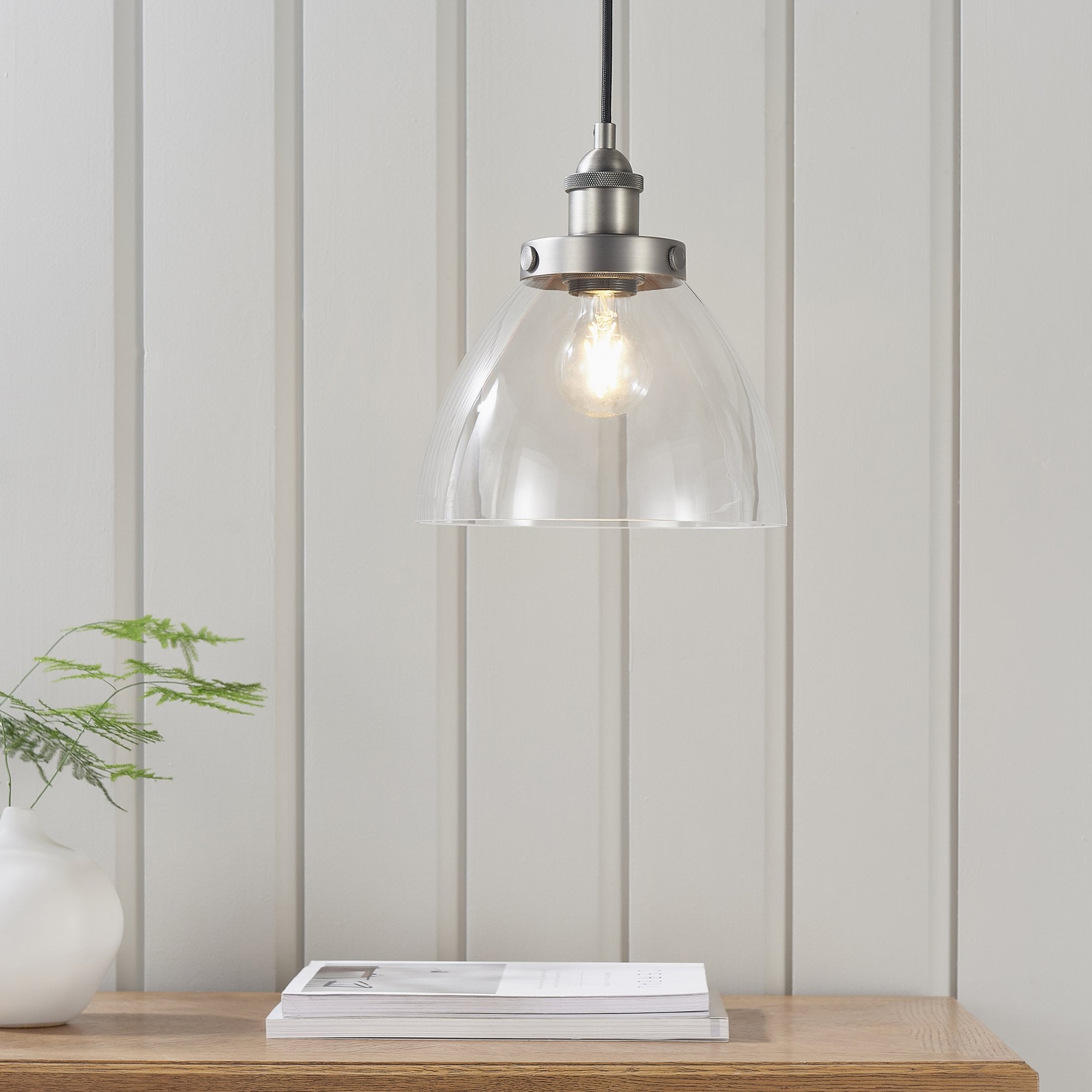 Endon Hansen Single Light Pendant - Brushed Silver Paint & Clear Glass