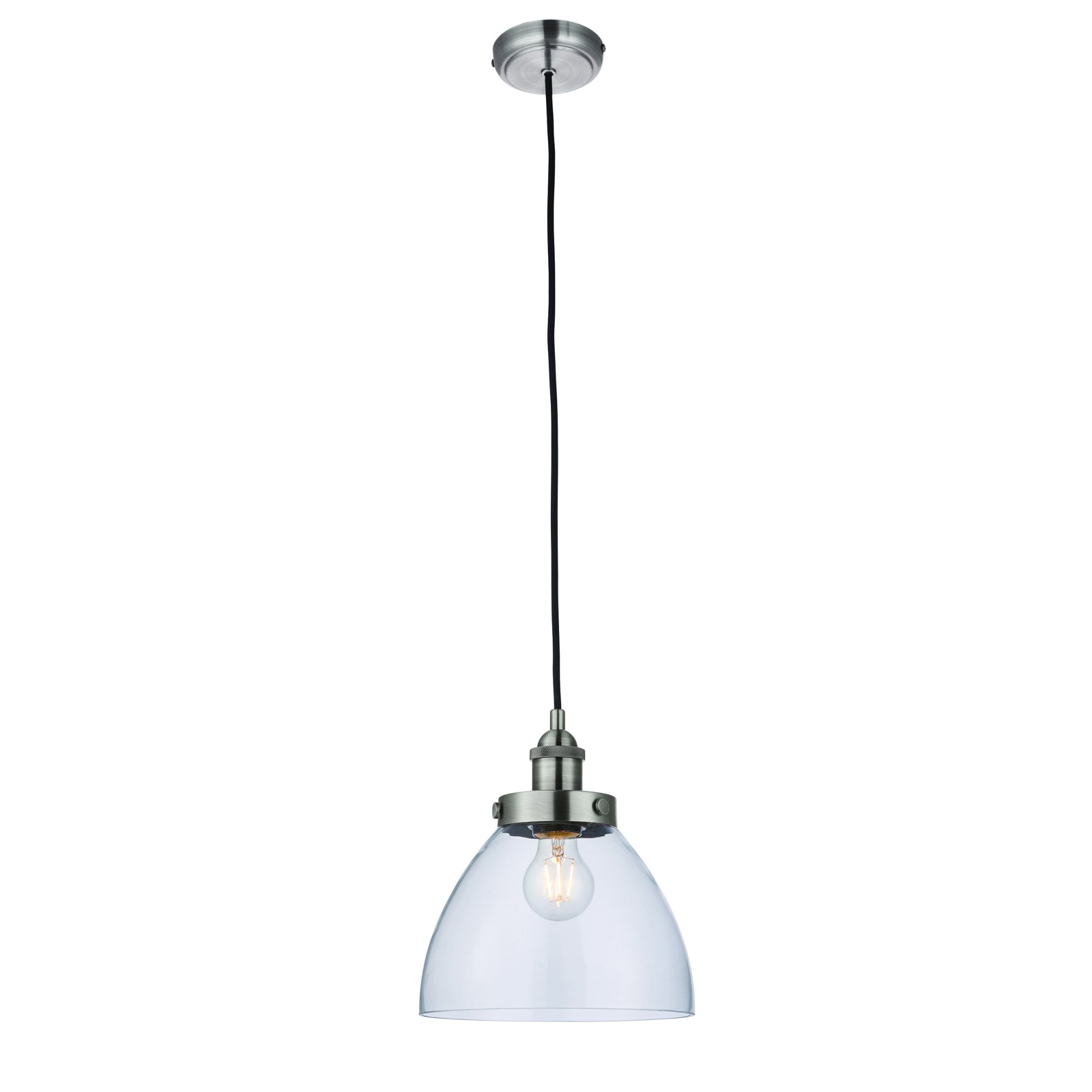 Endon Hansen Single Light Pendant - Brushed Silver Paint & Clear Glass