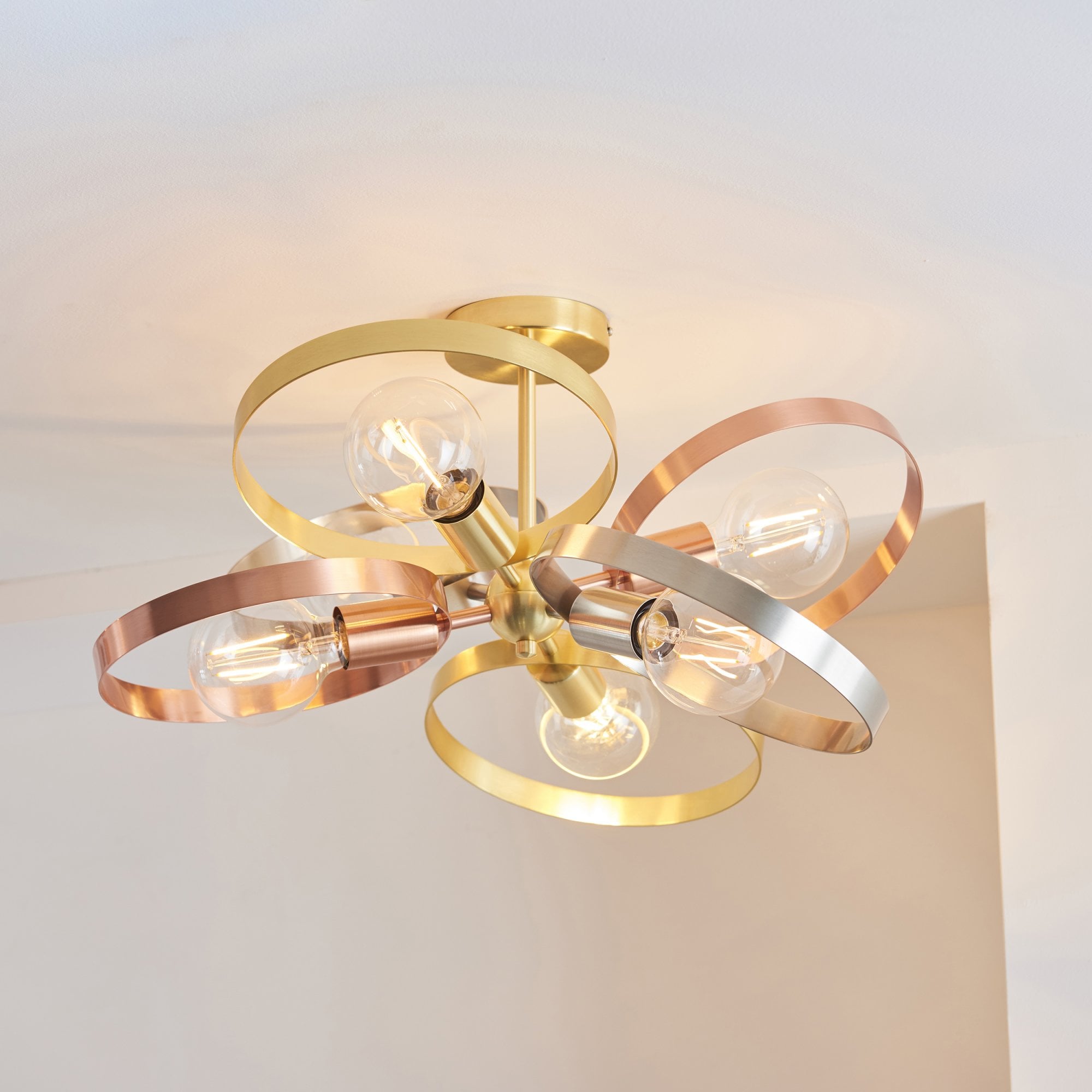 Endon Hoop 6 Light Semi Flush Fitting - Satin Brass & Brushed Copper Plate
