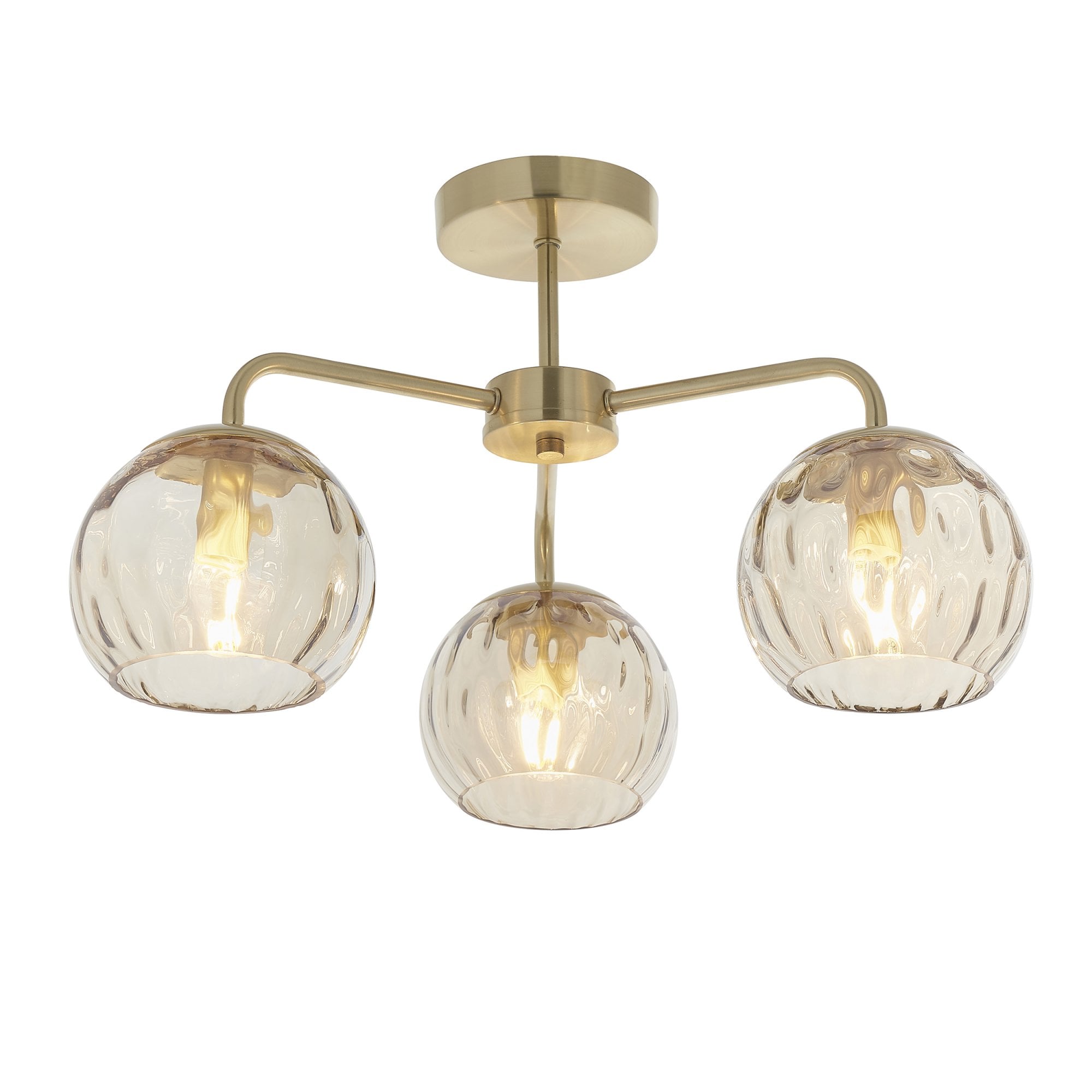 Endon Dimple 3 Light Semi Flush Fitting - Satin Brass Plate & Champagne Lustre Glass