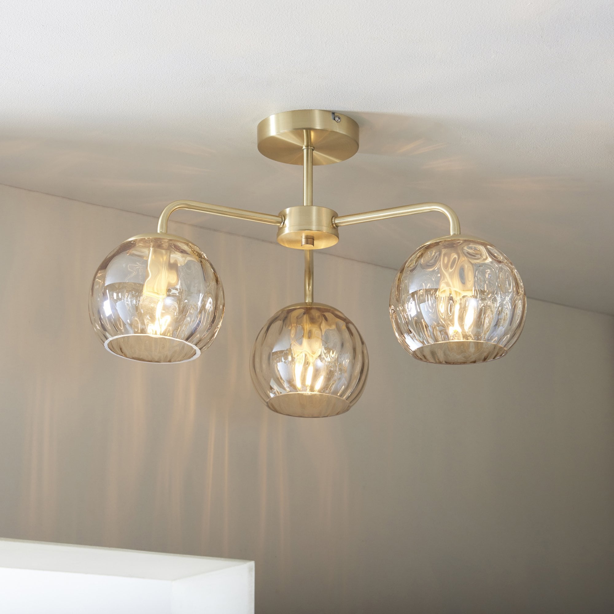 Endon Dimple 3 Light Semi Flush Fitting - Satin Brass Plate & Champagne Lustre Glass