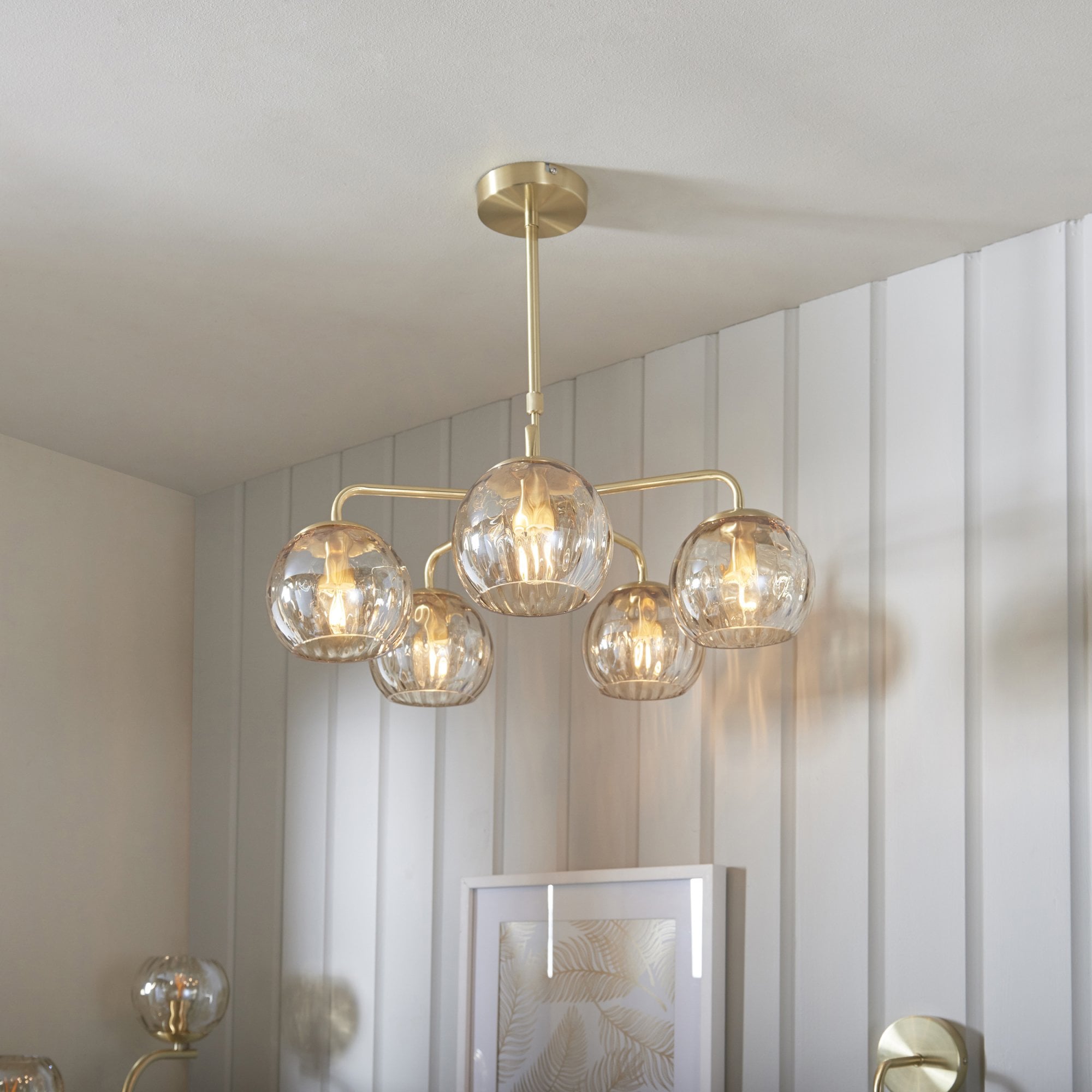 Endon Dimple 5 Light Pendant - Satin Brass Plate & Champagne Lustre Glass