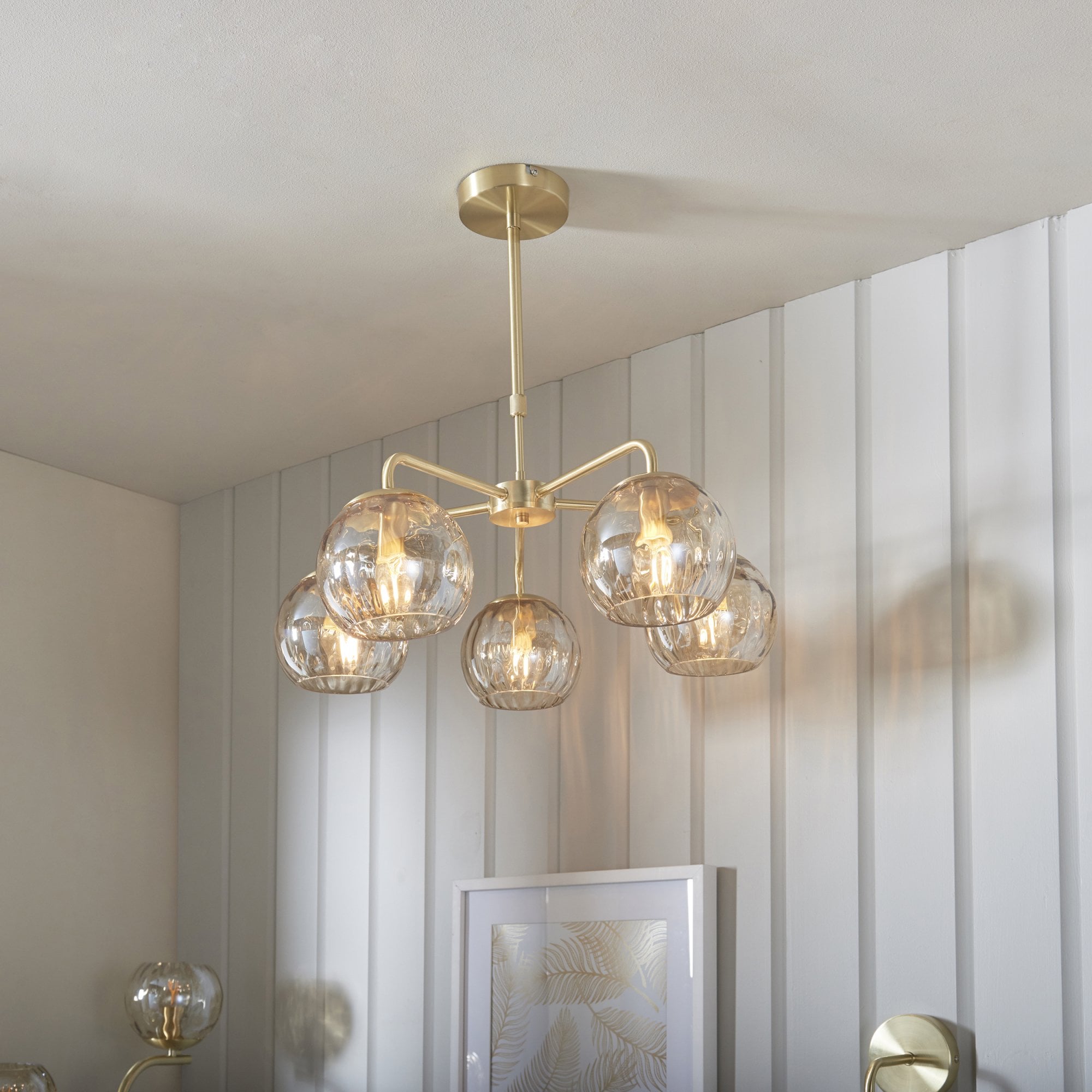 Endon Dimple 5 Light Pendant - Satin Brass Plate & Champagne Lustre Glass