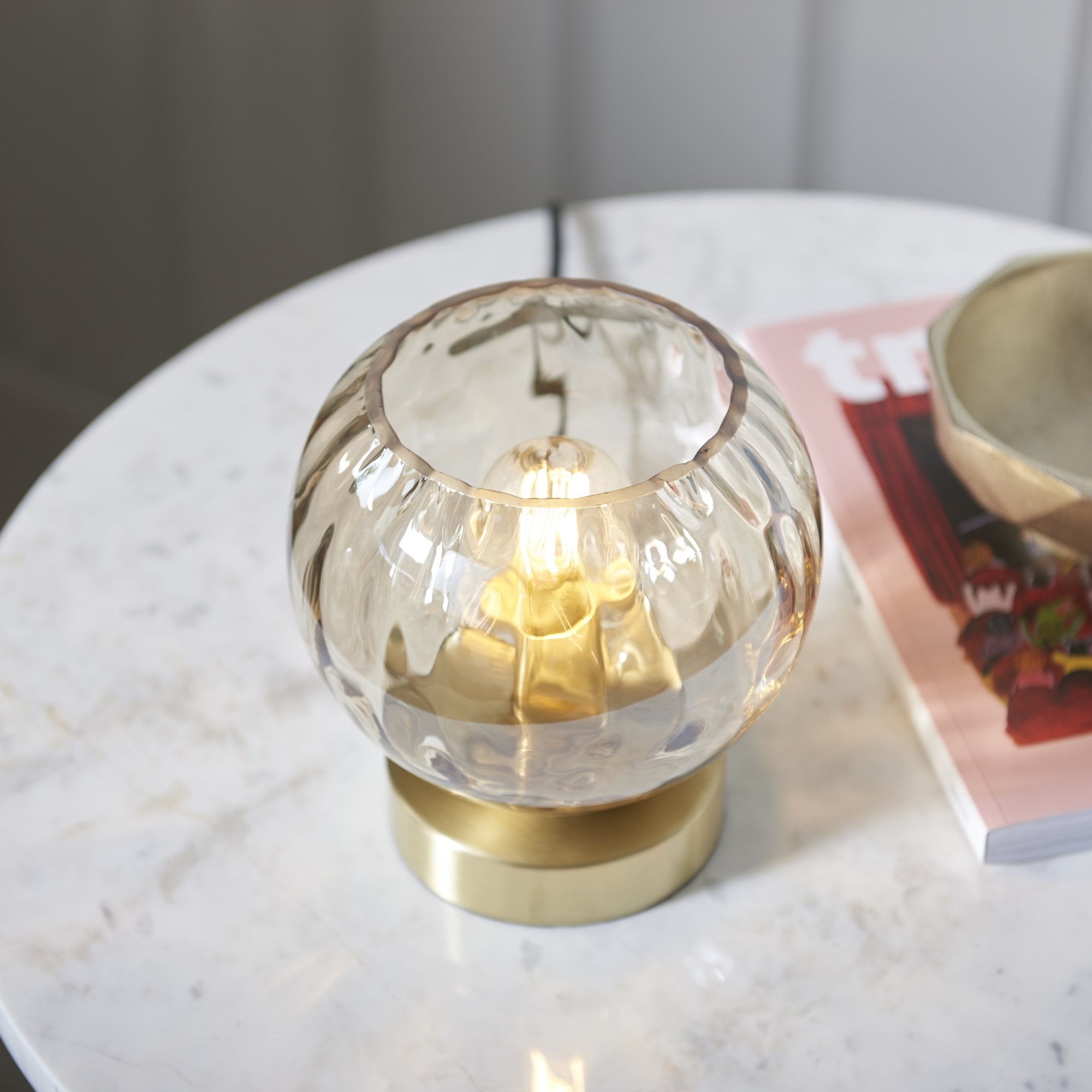 Endon Dimple Single Light Table Lamp - Satin Brass Plate & Champagne Lustre Glass