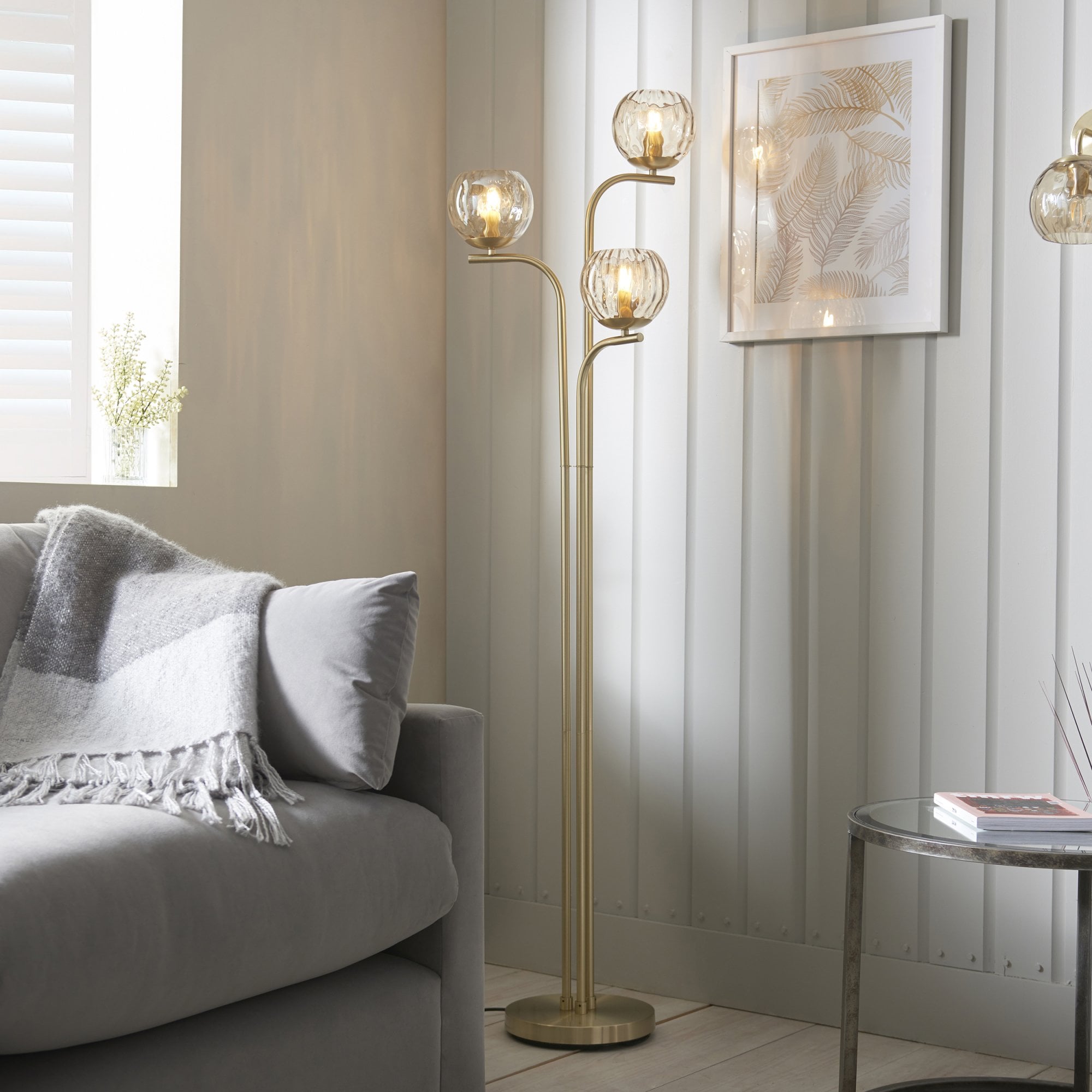 Endon Dimple 3 Light Floor Lamp - Satin Brass Plate & Champagne Lustre Glass