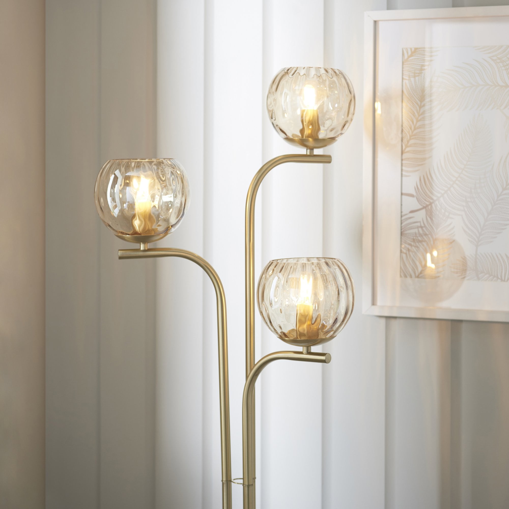 Endon Dimple 3 Light Floor Lamp - Satin Brass Plate & Champagne Lustre Glass