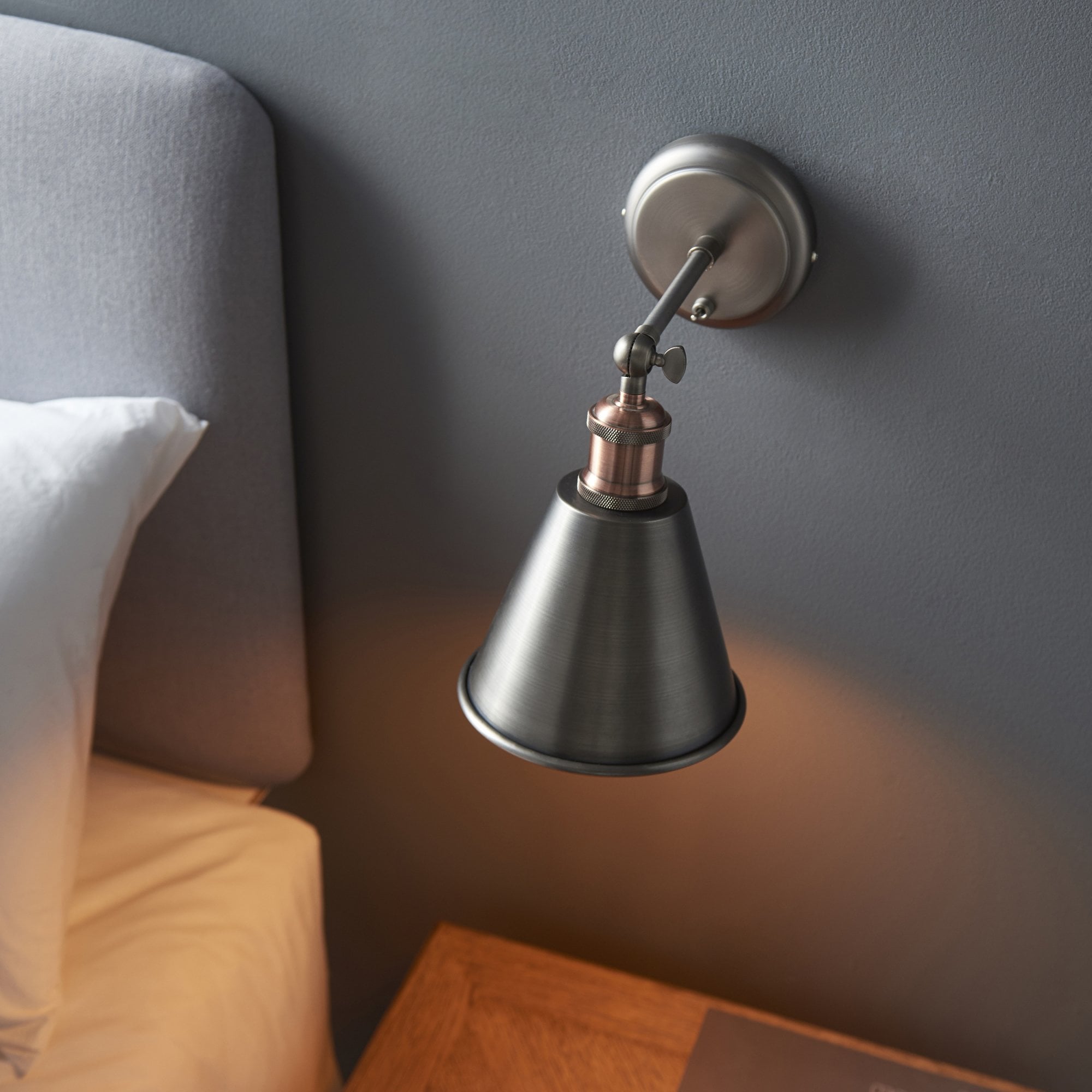 Endon Hal Single Light Wall Light with Shade - Aged Pewter & Aged Copper Plate