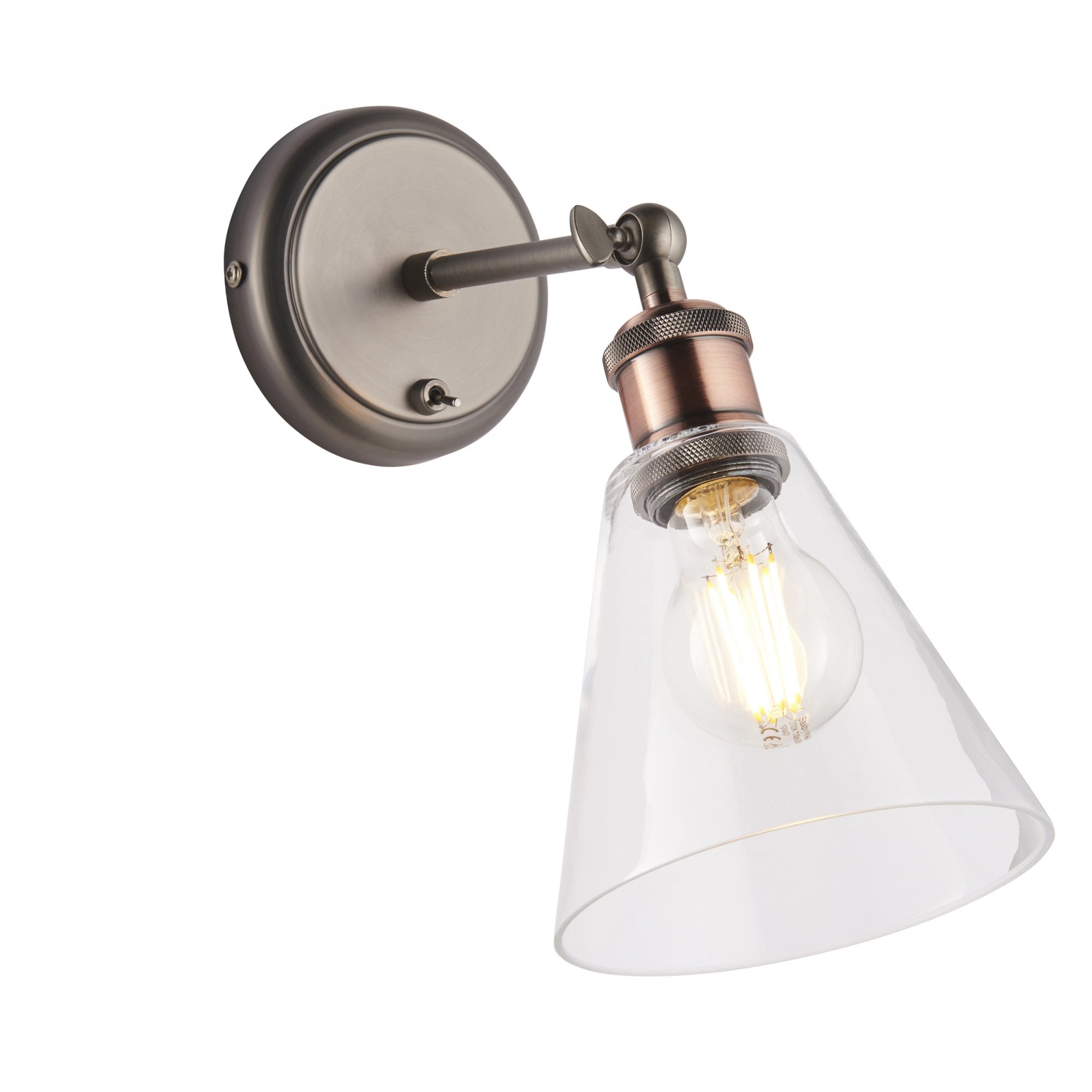 Endon Hal Single Light Wall Light with Glass Shade - Aged Pewter & Aged Copper Plate