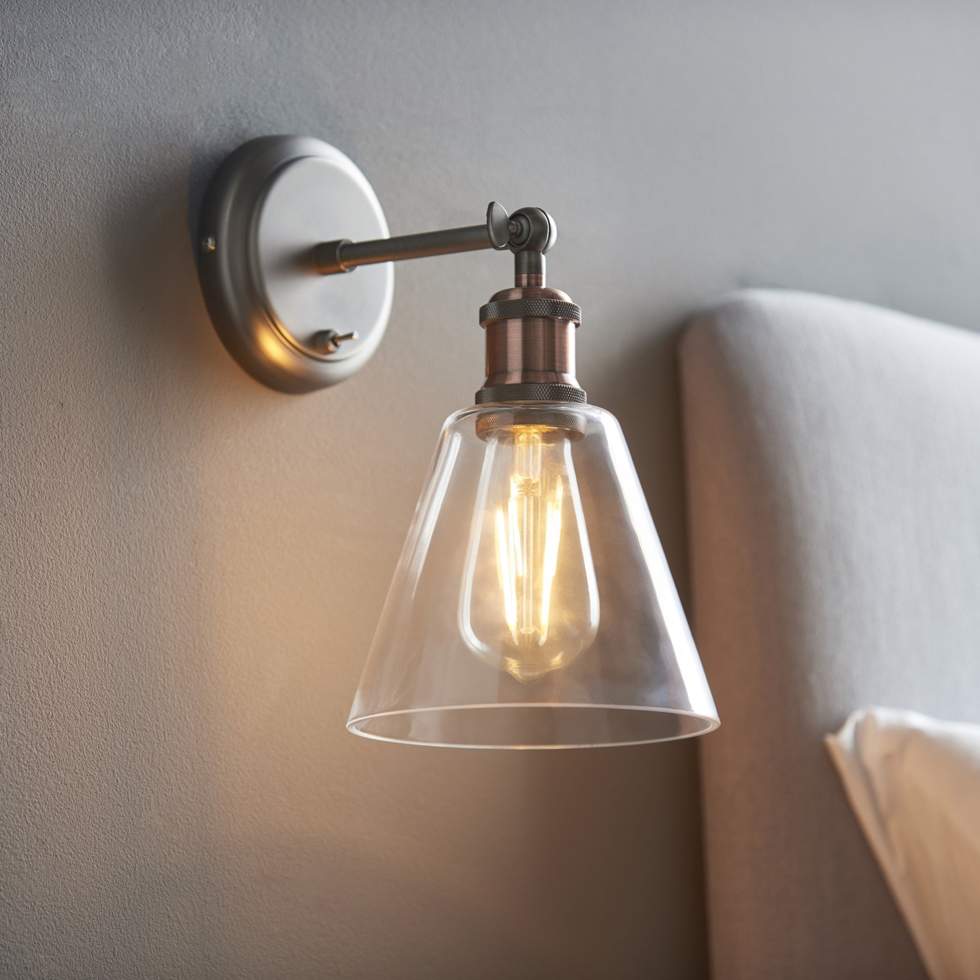 Endon Hal Single Light Wall Light with Glass Shade - Aged Pewter & Aged Copper Plate