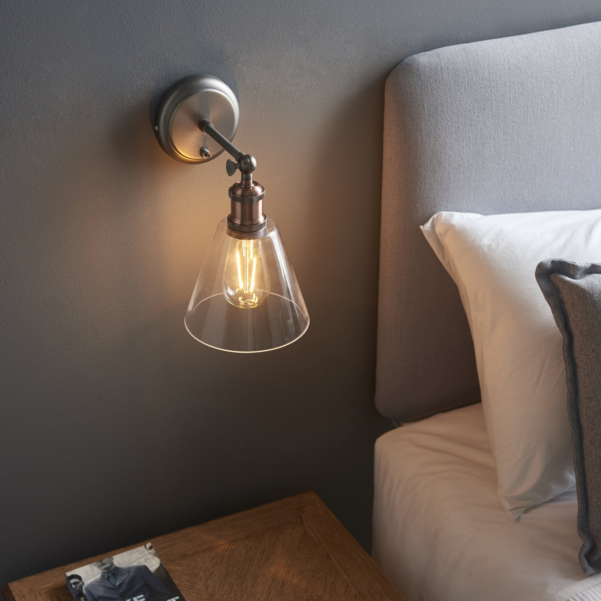 Endon Hal Single Light Wall Light with Glass Shade - Aged Pewter & Aged Copper Plate