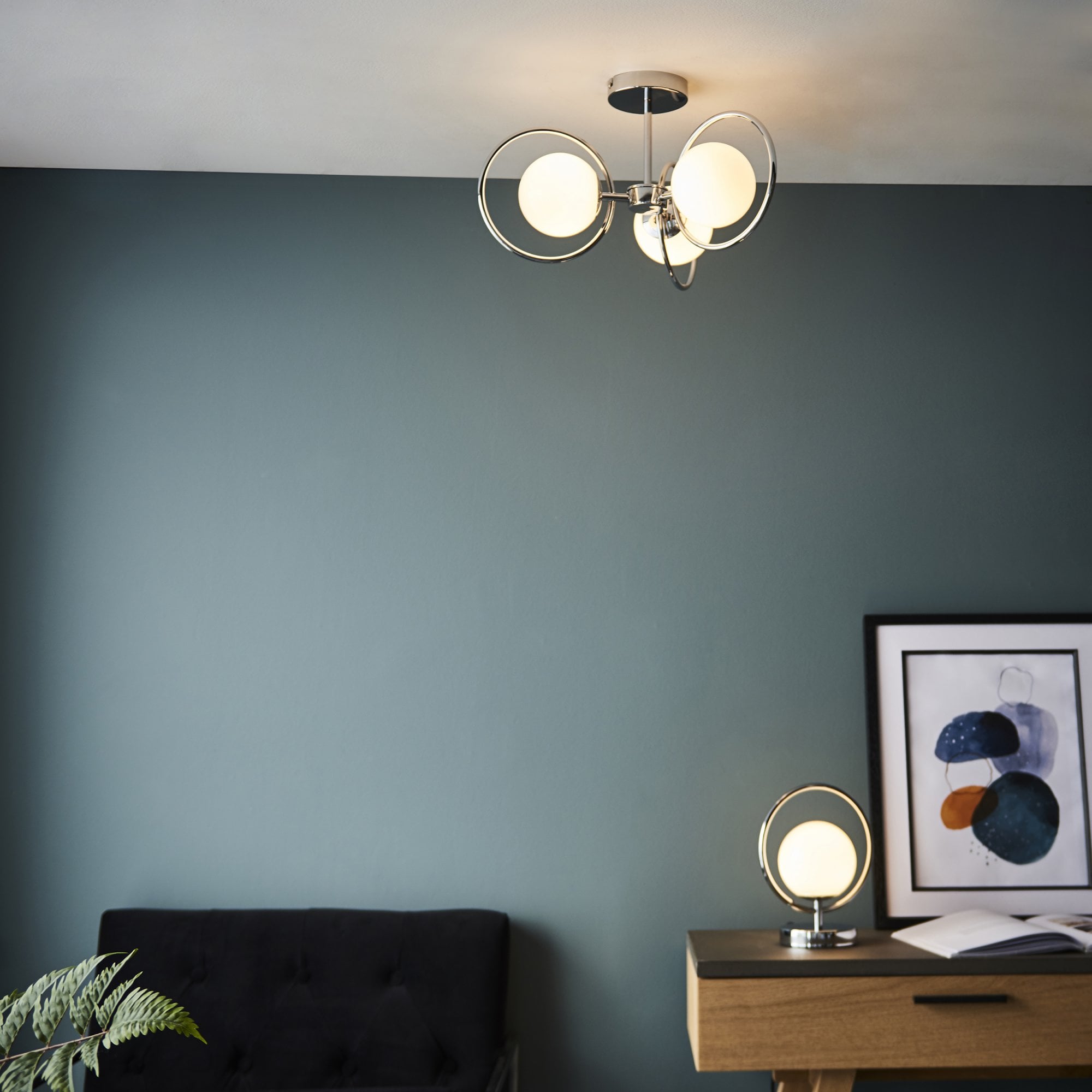 Endon Orb 3 Light Semi Flush Fitting - Chrome Plate & Opal Glass