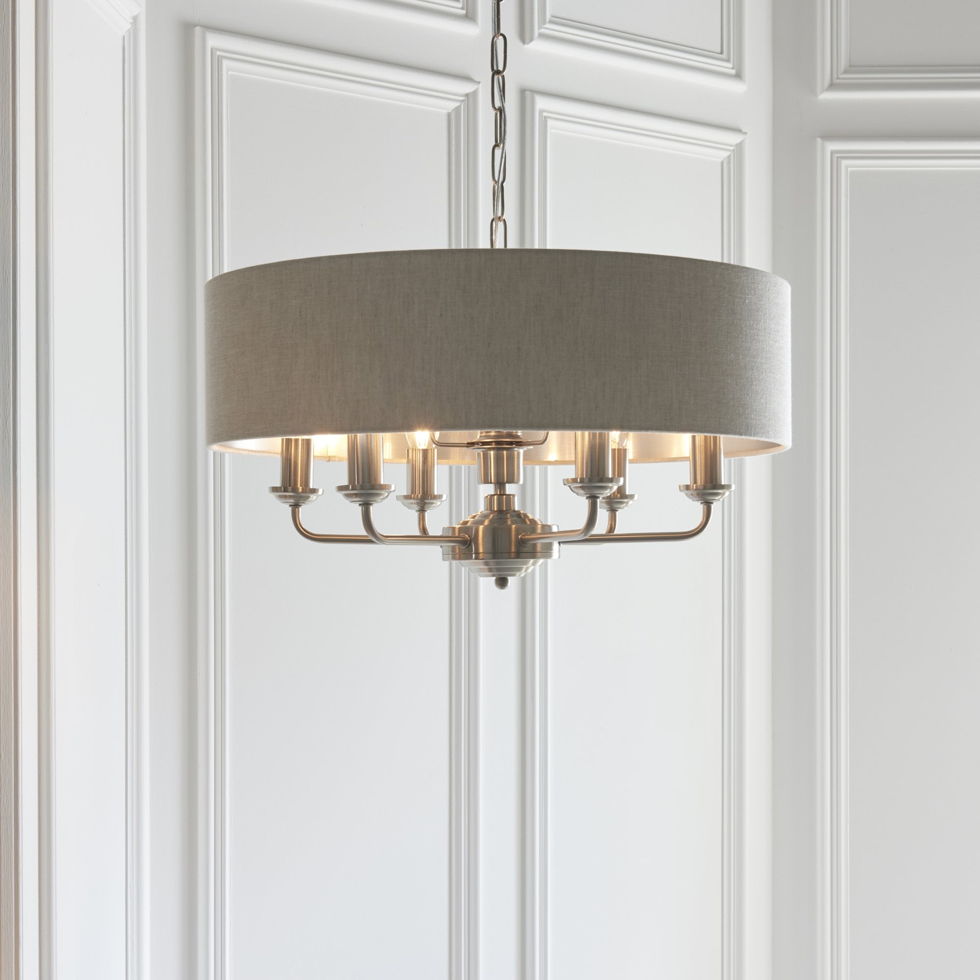 Endon Highclere 6 Light Pendant - Brushed Chrome Plate & Neutral Linen