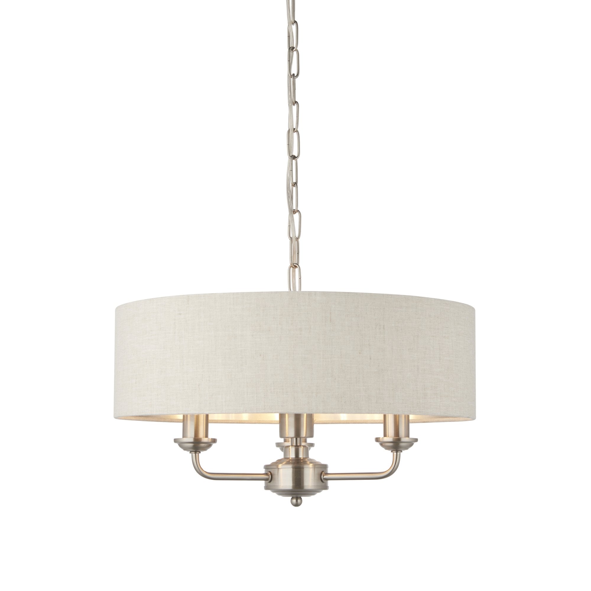 Endon Highclere 3 Light Pendant - Brushed Chrome Plate & Neutral Linen