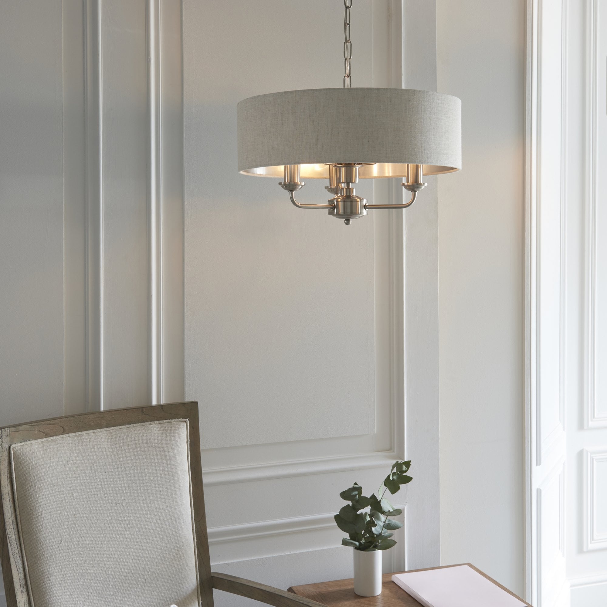 Endon Highclere 3 Light Pendant - Brushed Chrome Plate & Neutral Linen