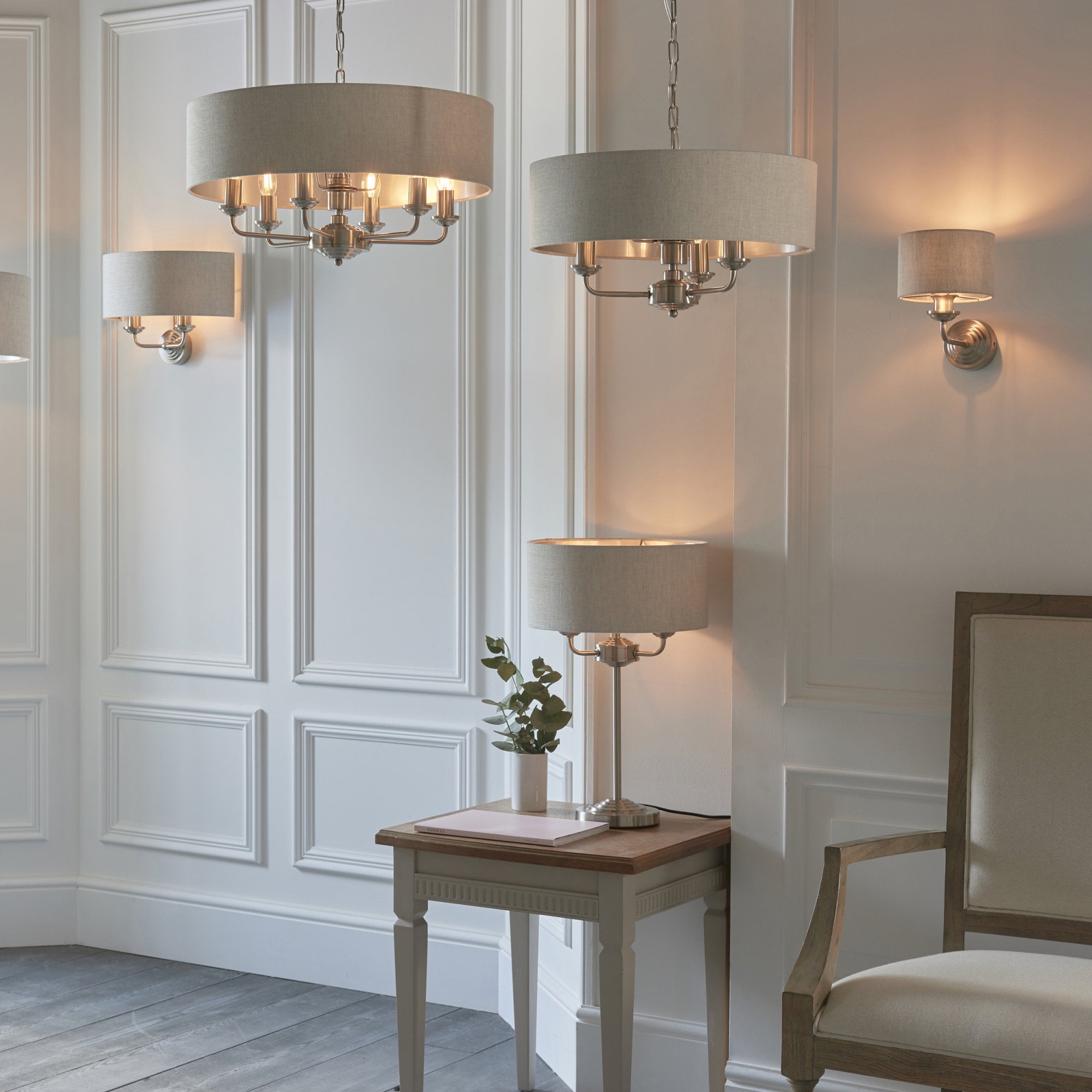 Endon Highclere 3 Light Pendant - Brushed Chrome Plate & Neutral Linen