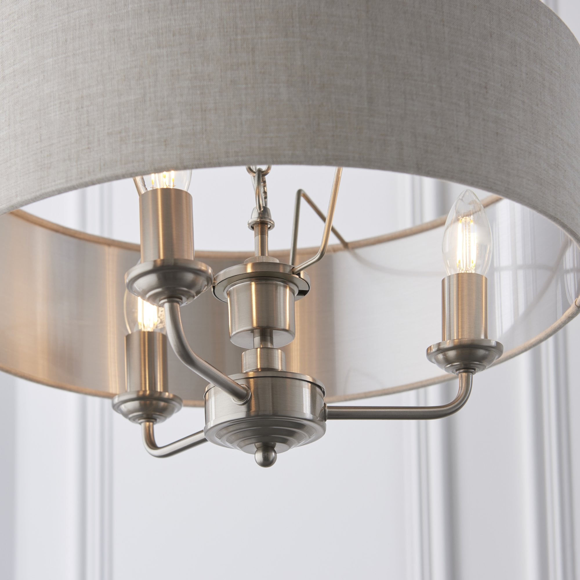 Endon Highclere 3 Light Pendant - Brushed Chrome Plate & Neutral Linen