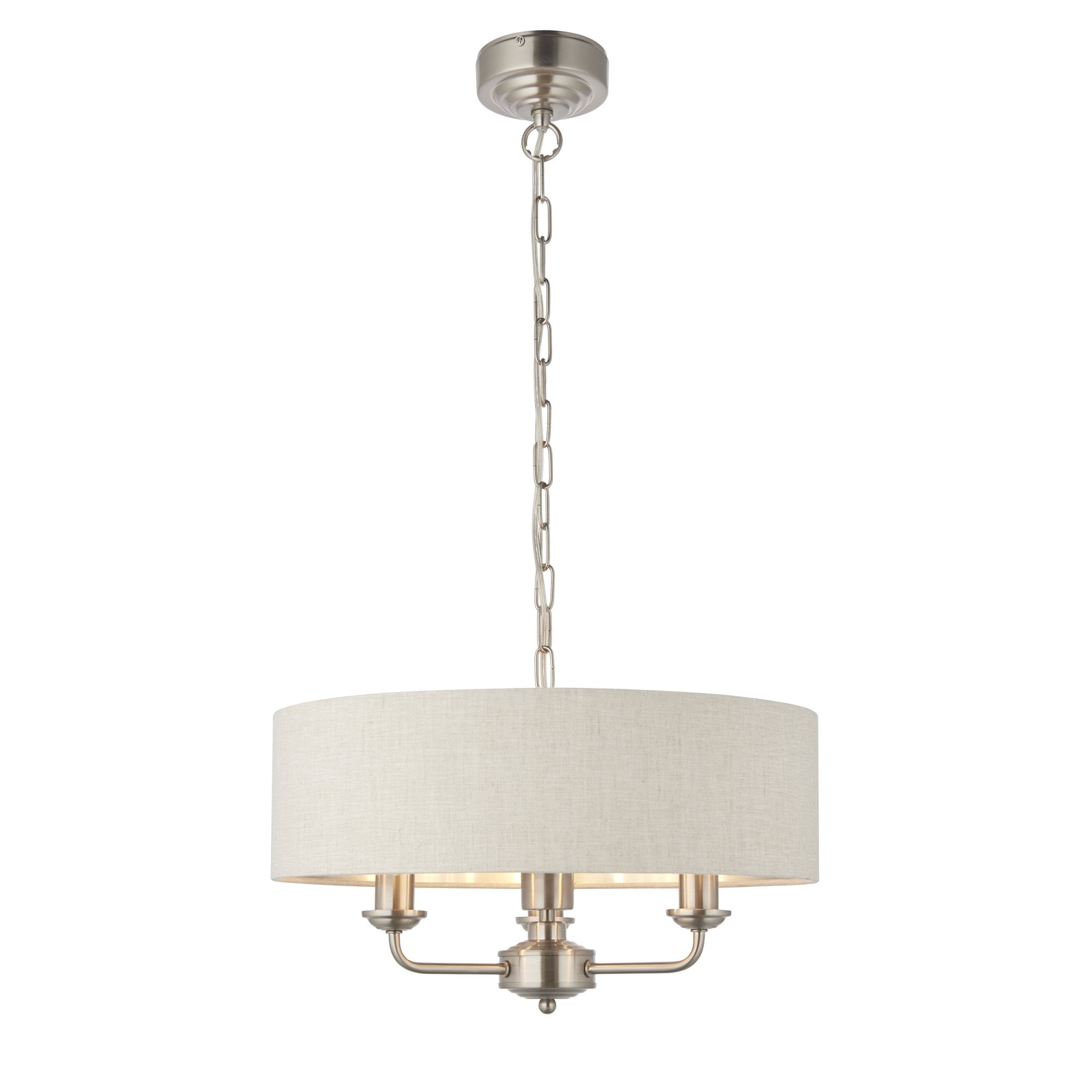 Endon Highclere 3 Light Pendant - Brushed Chrome Plate & Neutral Linen