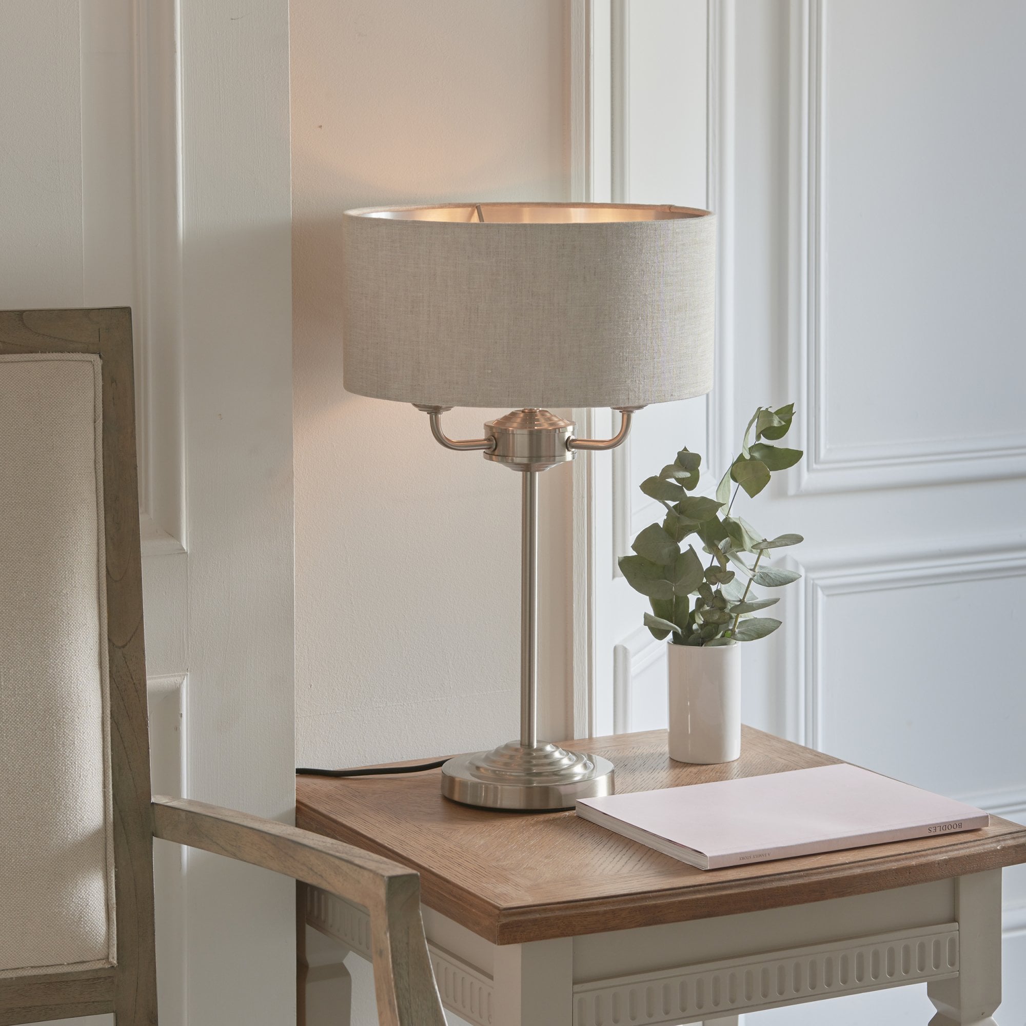 Endon Highclere 3 Light Table Lamp - Brushed Chrome Plate & Neutral Linen