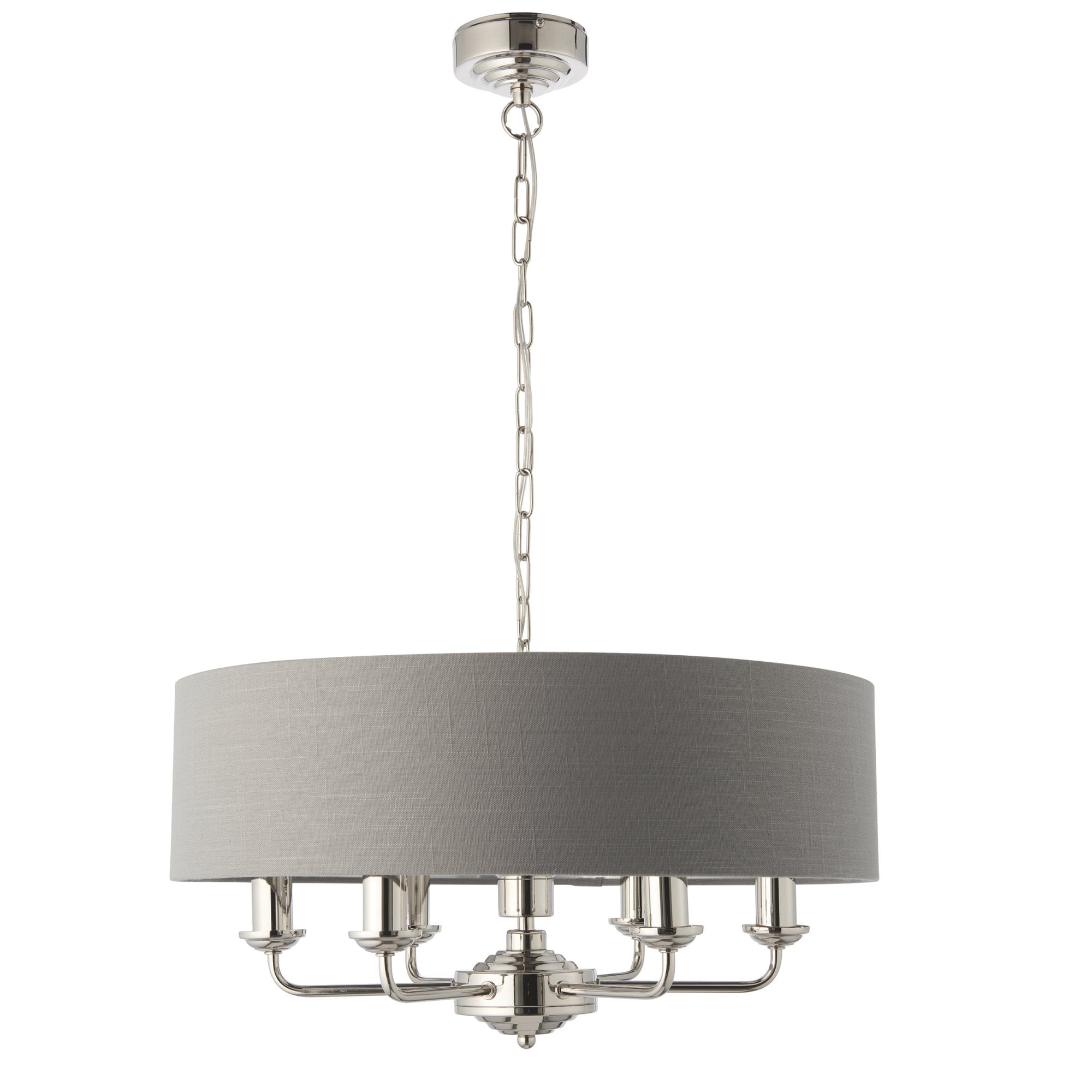 Endon Highclere 6 Light Pendant - Bright Nickel Plate & Charcoal Fabric