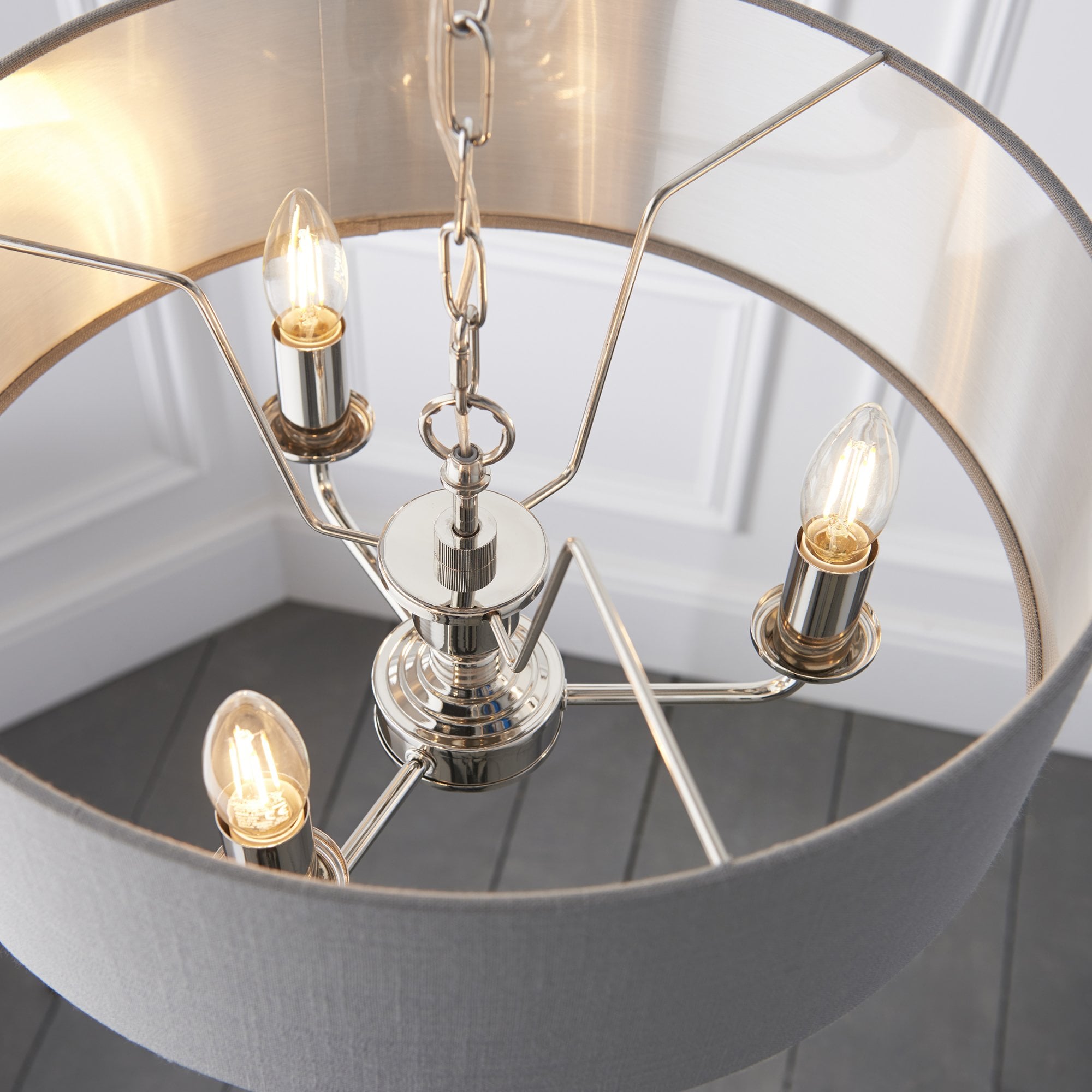 Endon Highclere 3 Light Pendant - Bright Nickel Plate & Charcoal Fabric