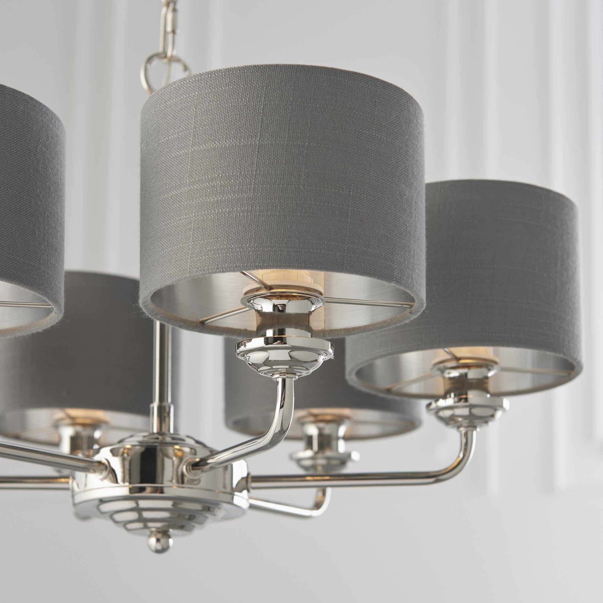Endon Highclere 6 Light Arm Pendant - Bright Nickel Plate & Charcoal Fabric