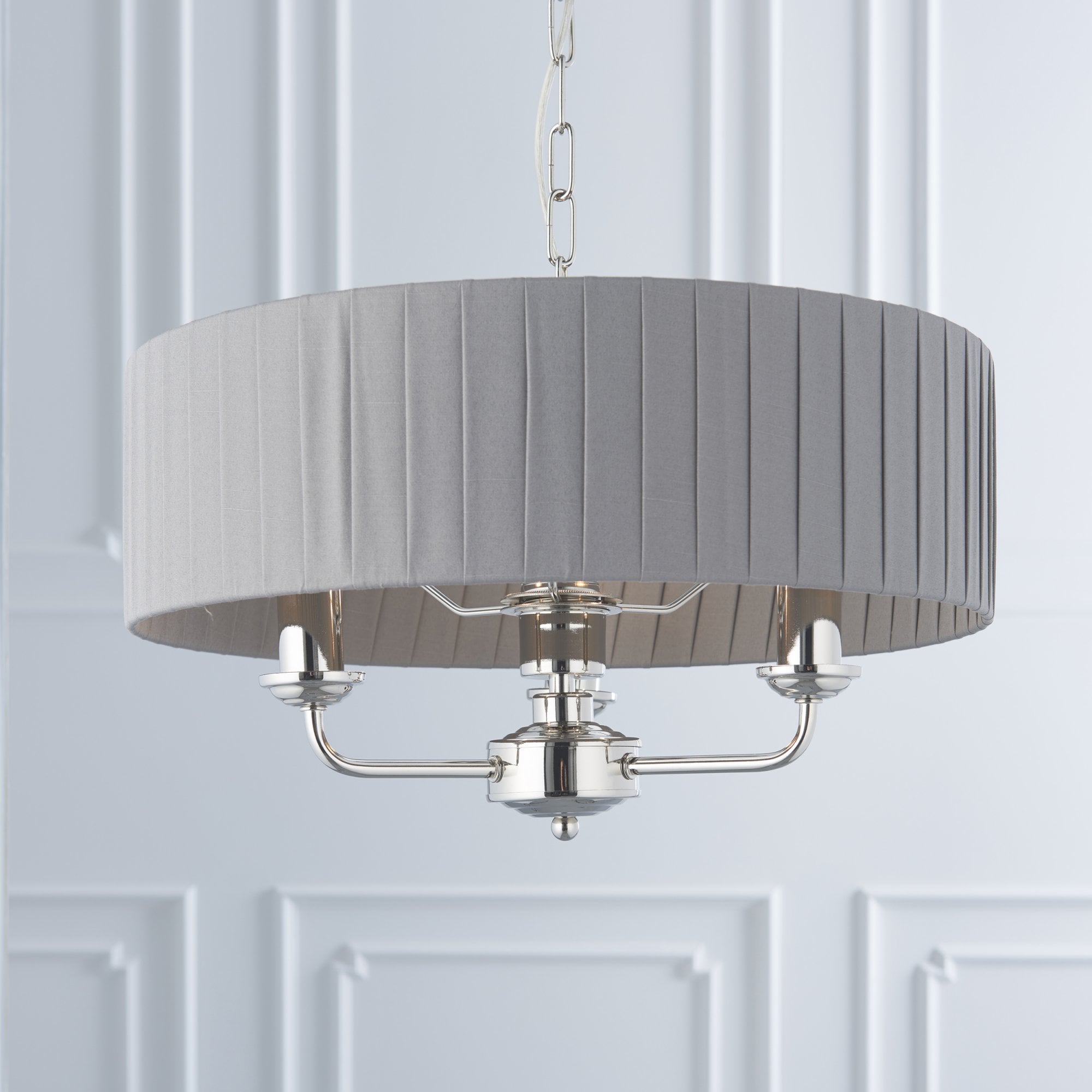 Endon Highclere 3 Light Pendant - Bright Nickel Plate & Wrapped Charcoal Fabric