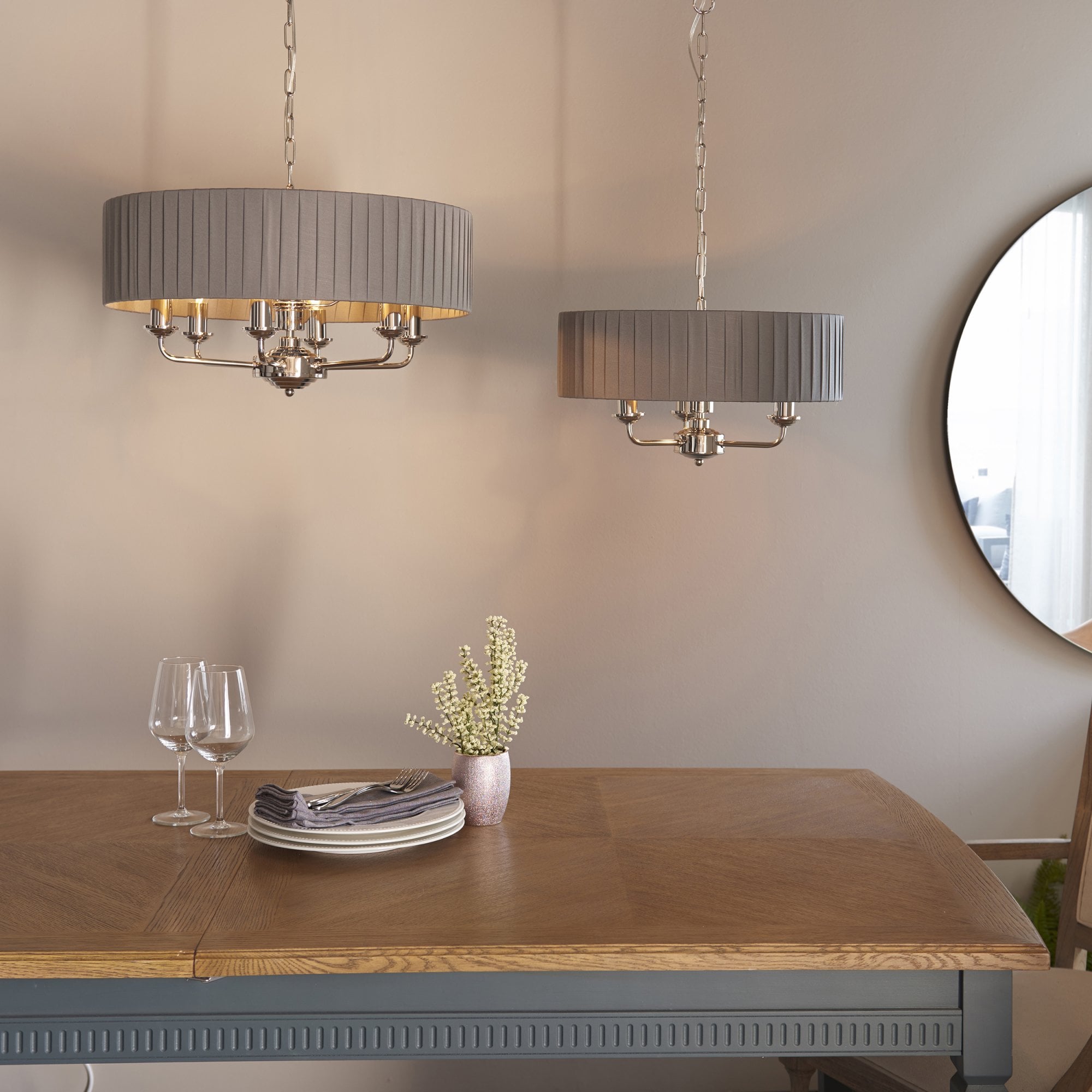 Endon Highclere 6 Light Pendant - Bright Nickel Plate & Wrapped Charcoal Fabric