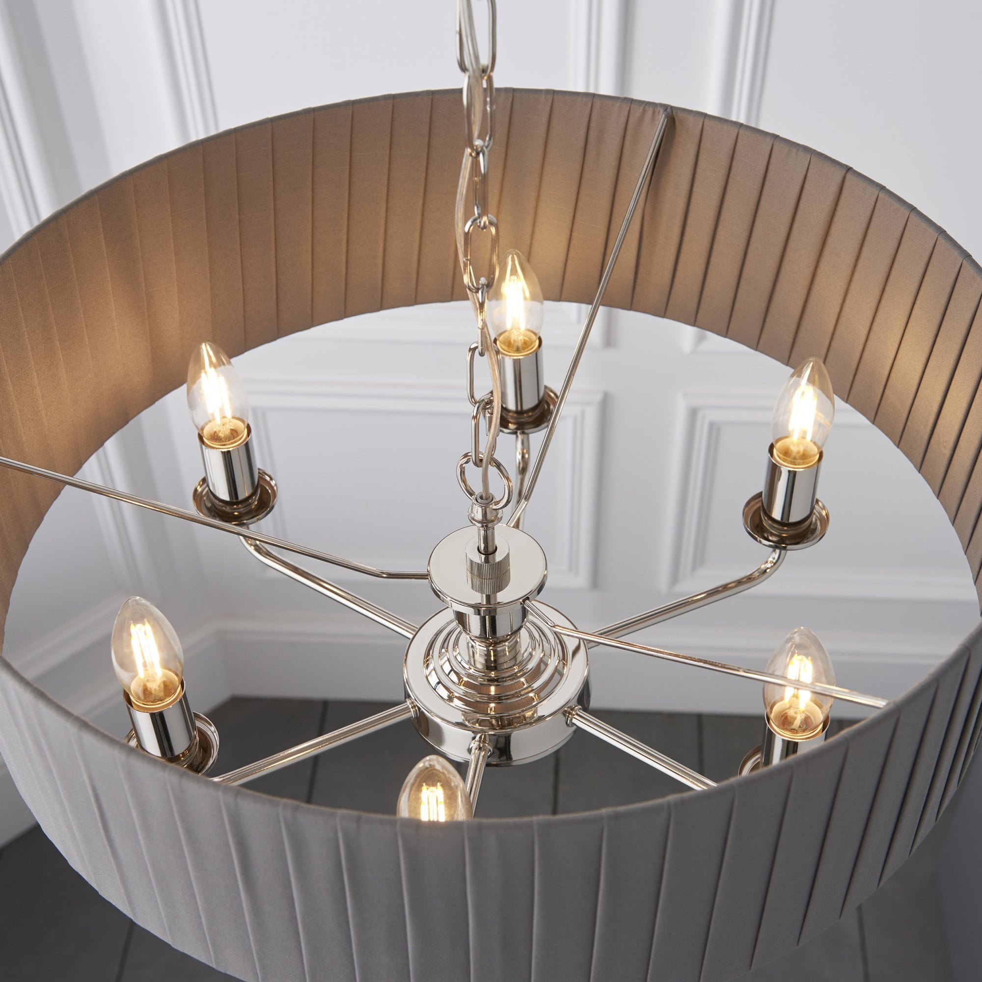 Endon Highclere 6 Light Pendant - Bright Nickel Plate & Wrapped Charcoal Fabric