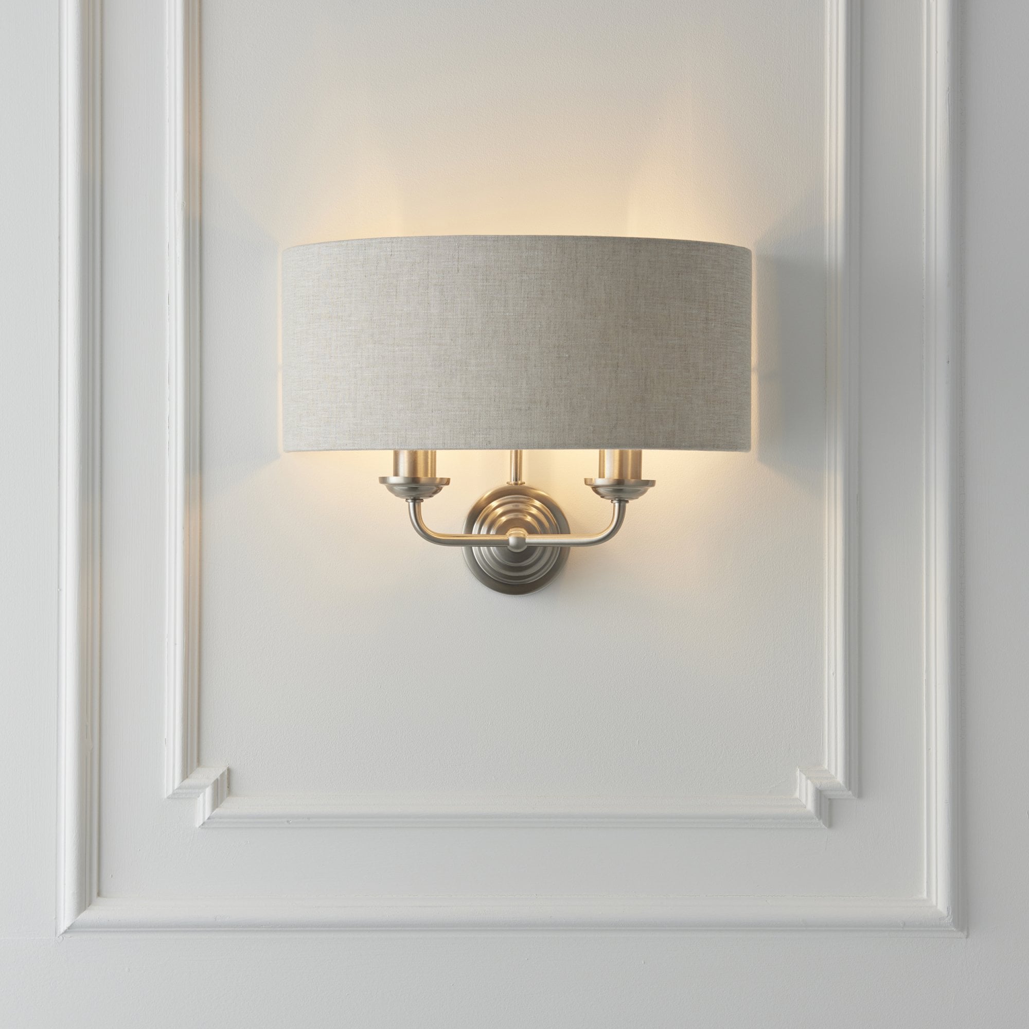 Endon Highclere 2 Light Wall Light - Brushed Chrome Plate & Neutral Linen