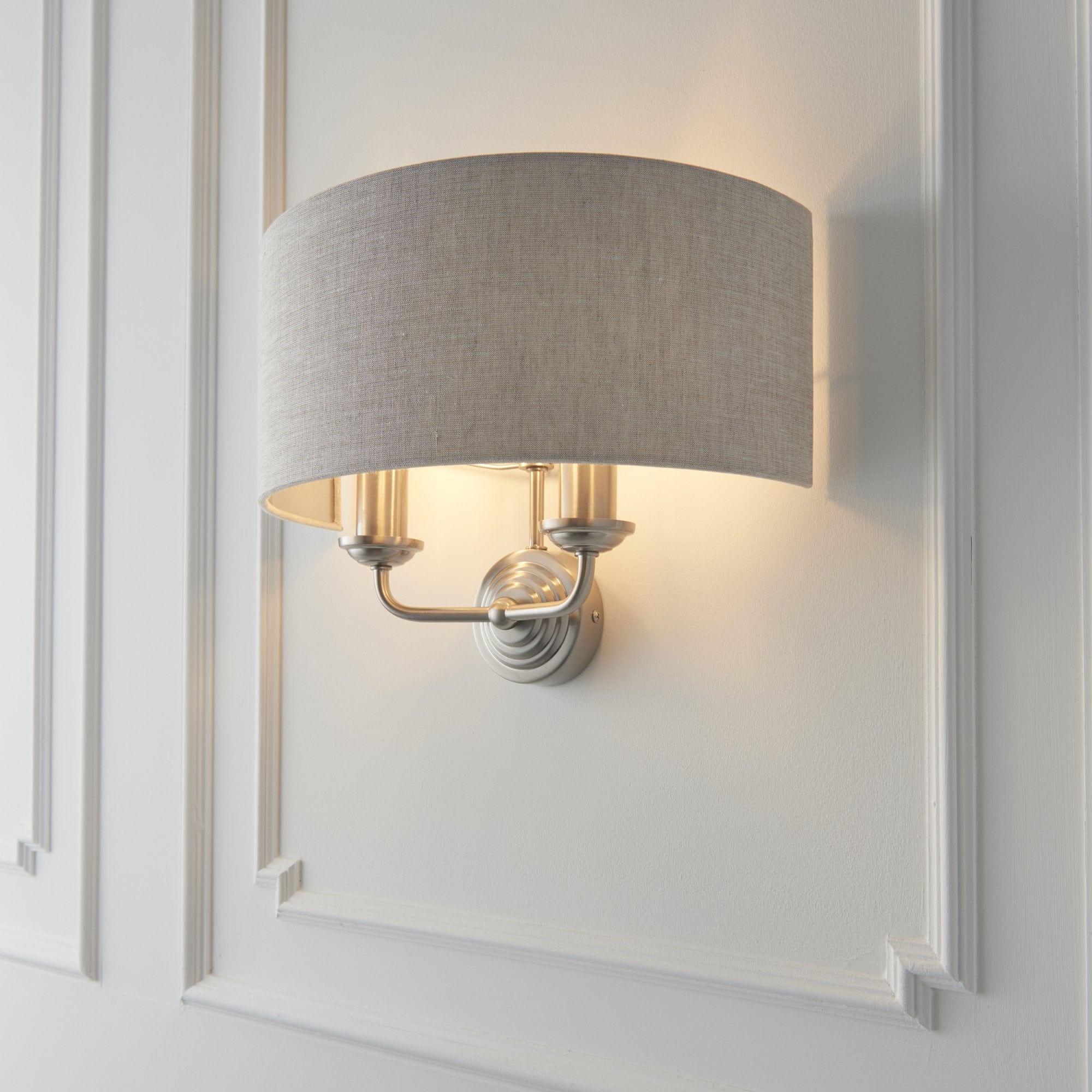 Endon Highclere 2 Light Wall Light - Brushed Chrome Plate & Neutral Linen