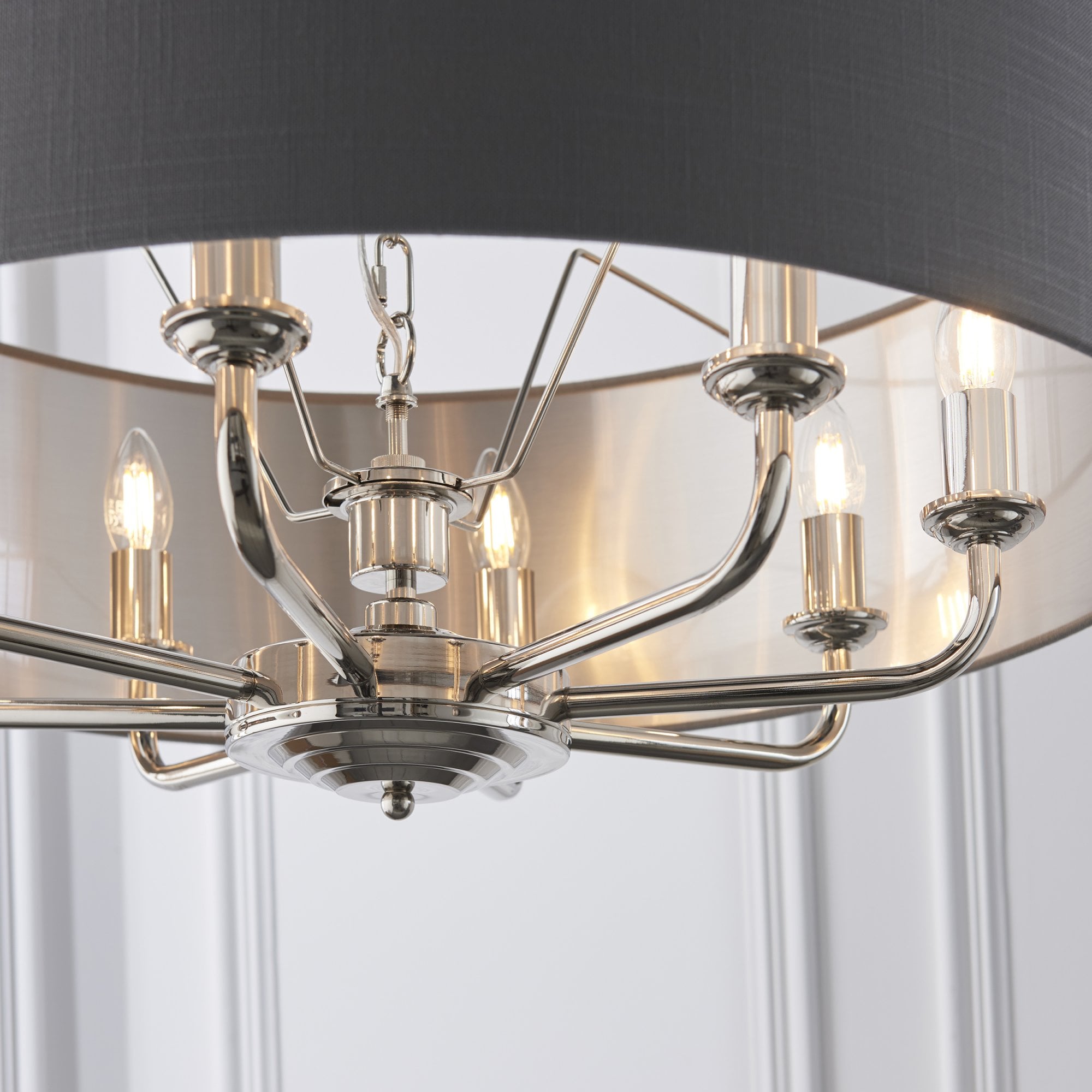 Endon Highclere 8 Light Pendant - Bright Nickel Plate & Charcoal Fabric