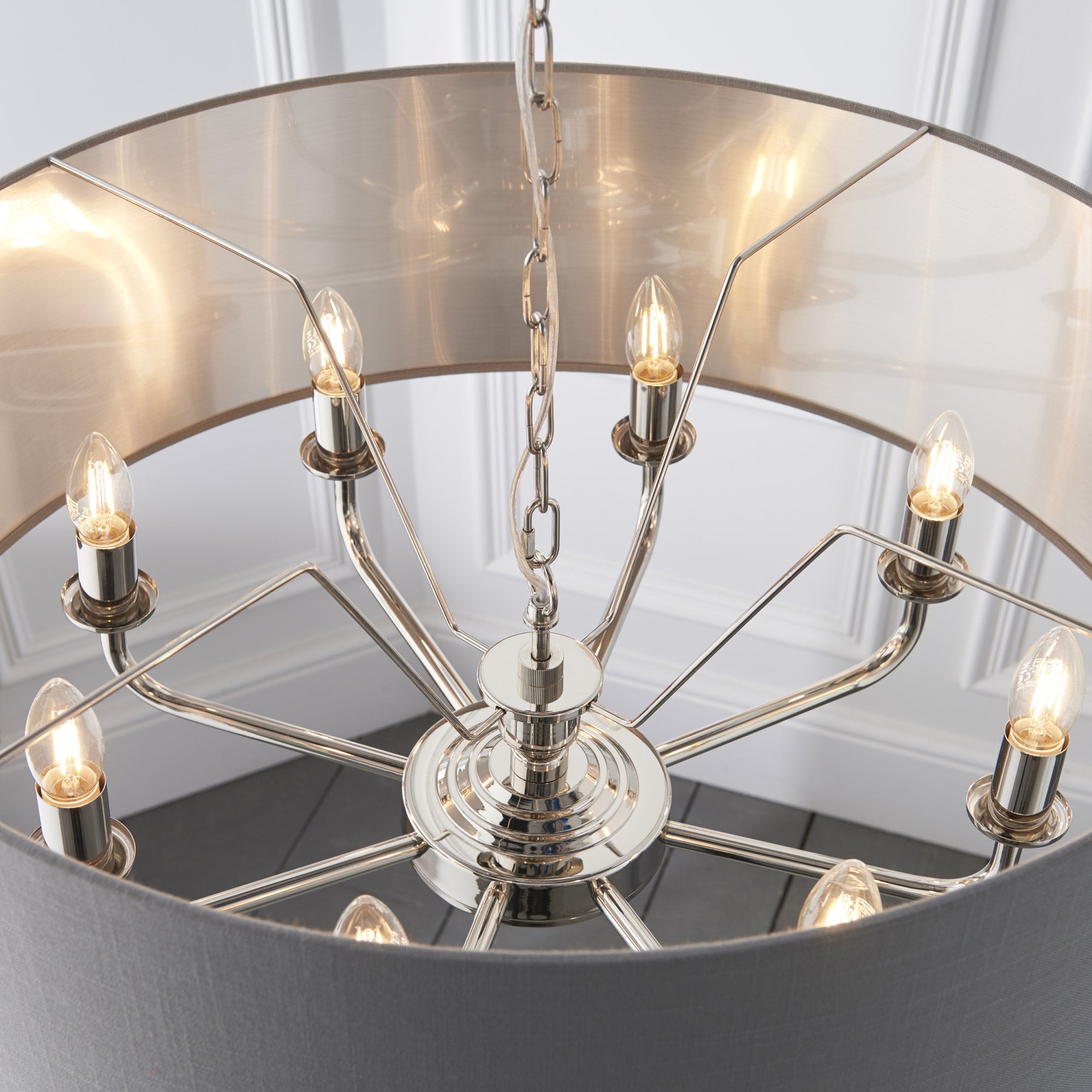 Endon Highclere 8 Light Pendant - Bright Nickel Plate & Charcoal Fabric