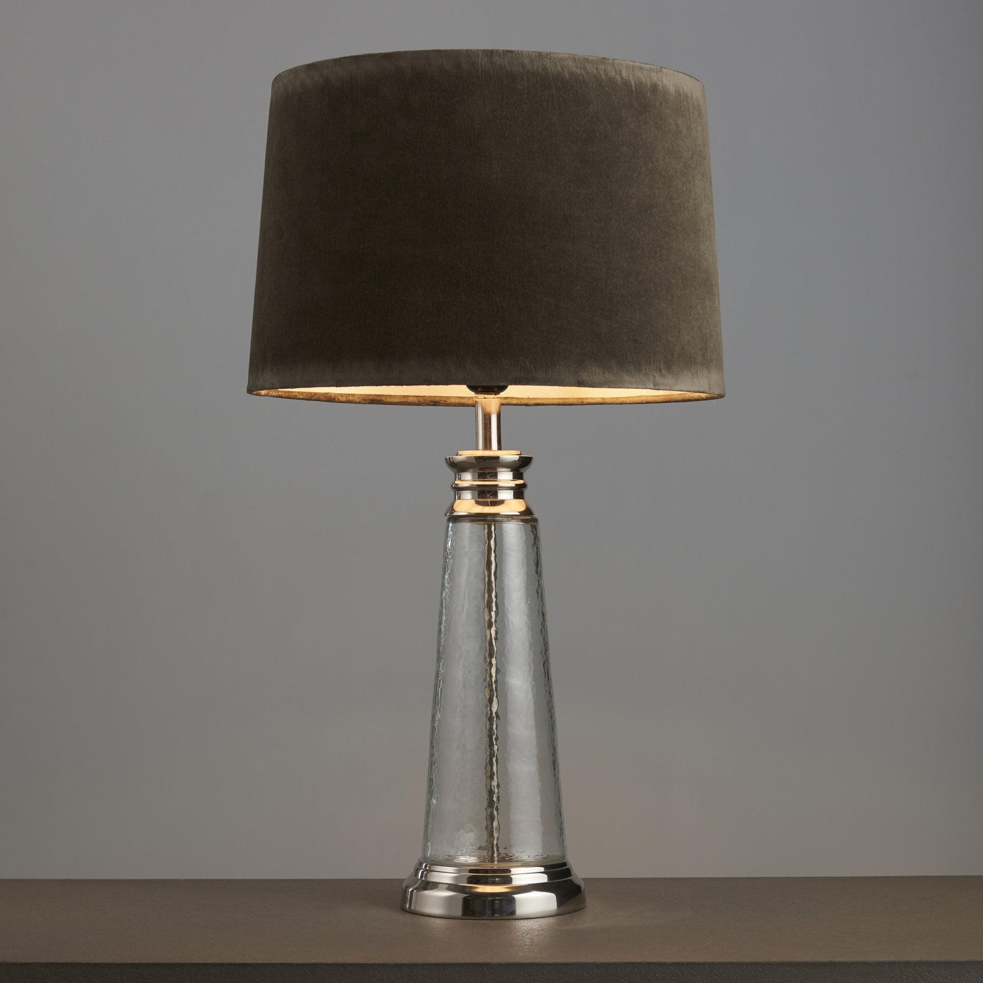 Endon Winslet Single Light Table Lamp - Clear Hammered Glass & Grey & Silver Velvet